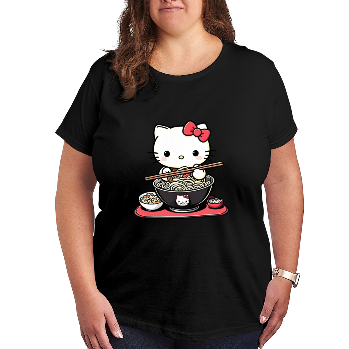 Fun Ramen?Loving Hello Kitty Food?Theme Plus?Size Women Casual Tee