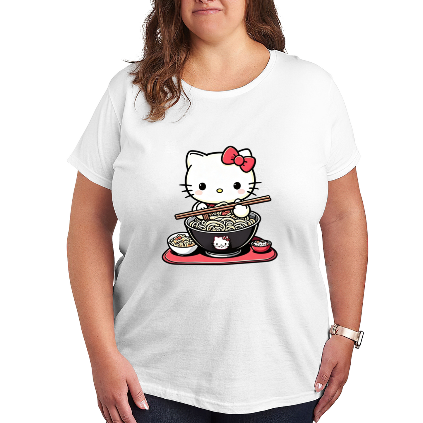 Fun Ramen?Loving Hello Kitty Food?Theme Plus?Size Women Casual Tee