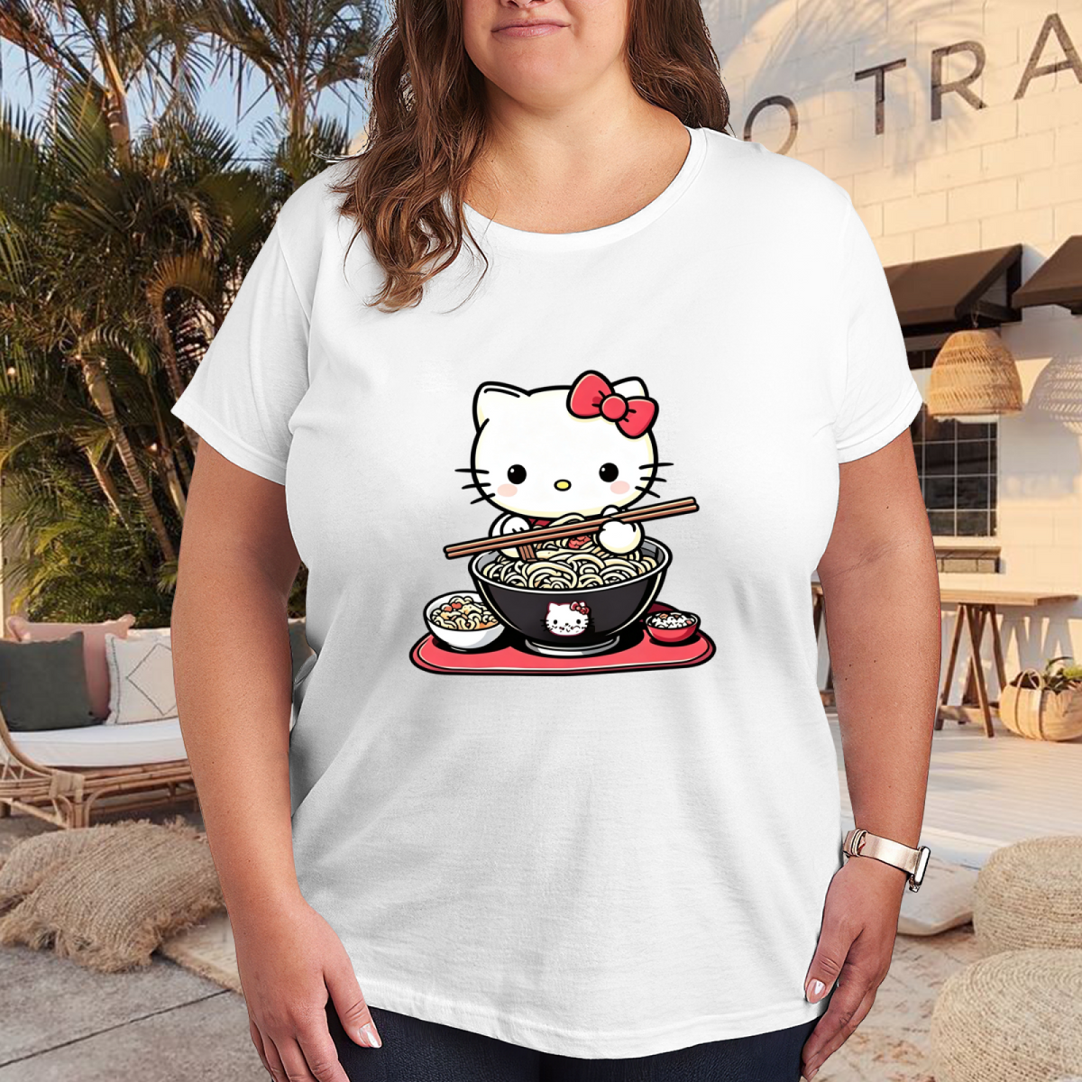Fun Ramen?Loving Hello Kitty Food?Theme Plus?Size Women Casual Tee