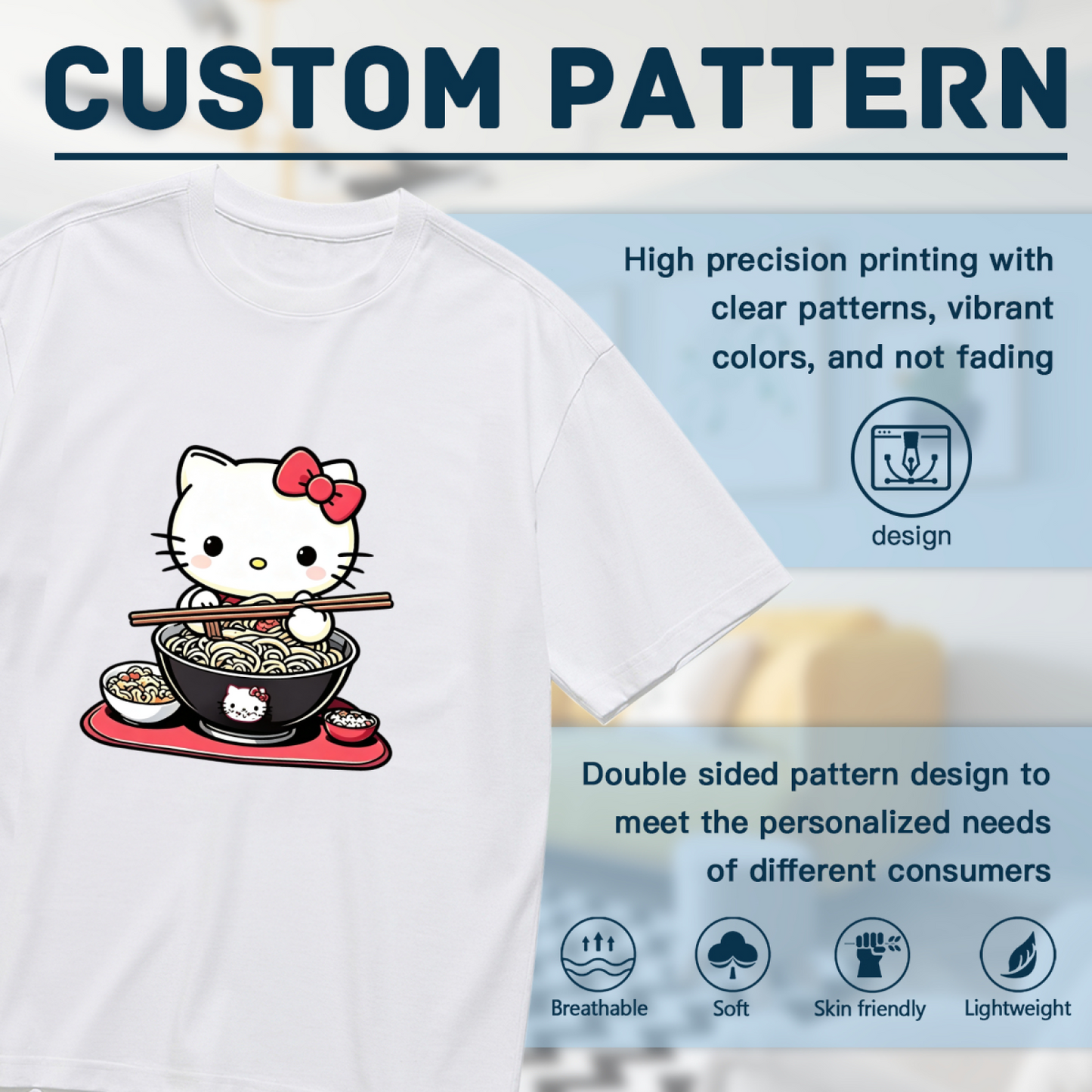Fun Ramen?Loving Hello Kitty Food?Theme Plus?Size Women Casual Tee