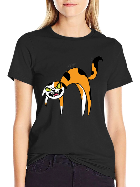 Mens Black T-Shirt with Cartoon Angry Cat Design
