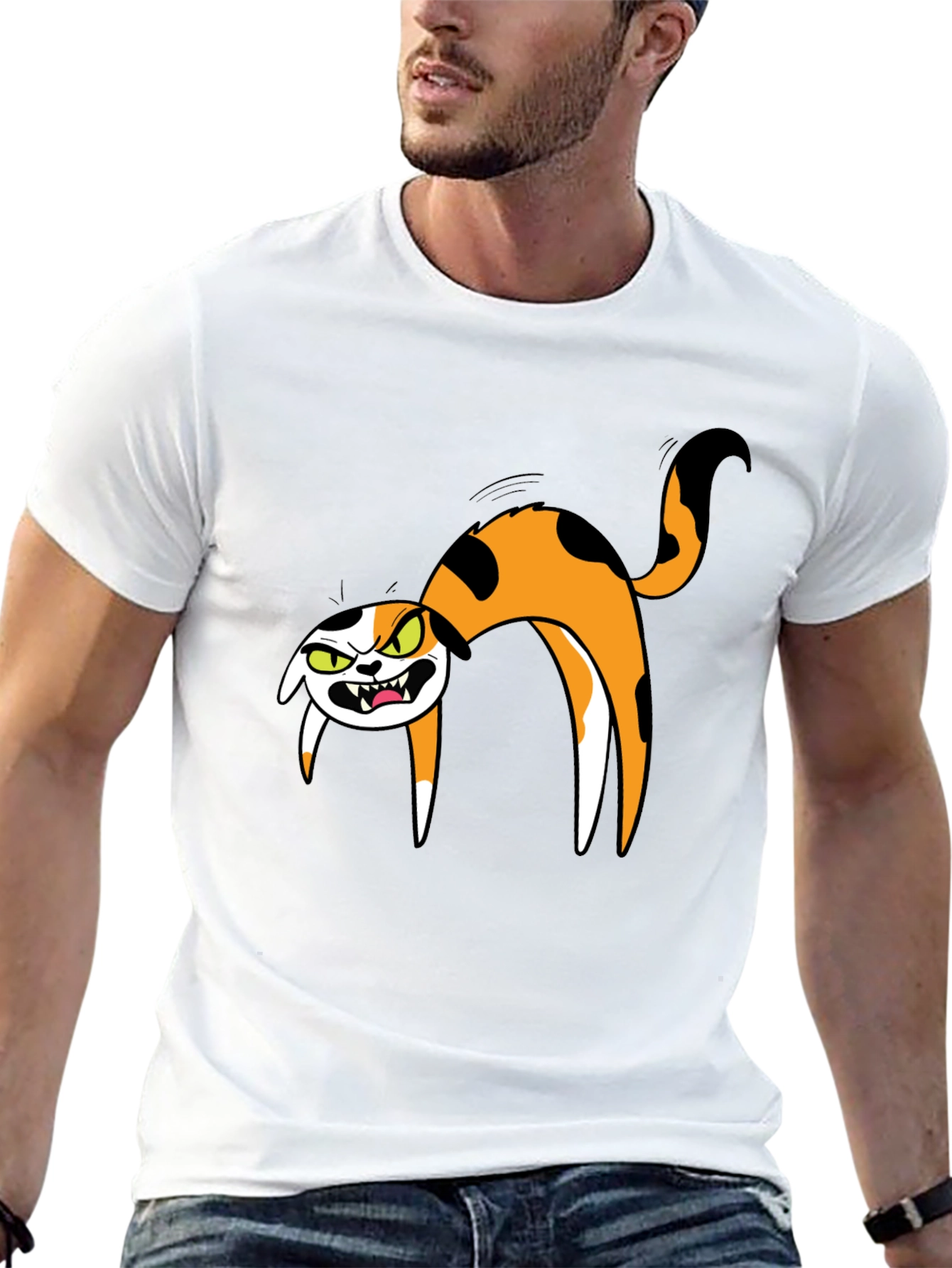Mens Black T-Shirt with Cartoon Angry Cat Design