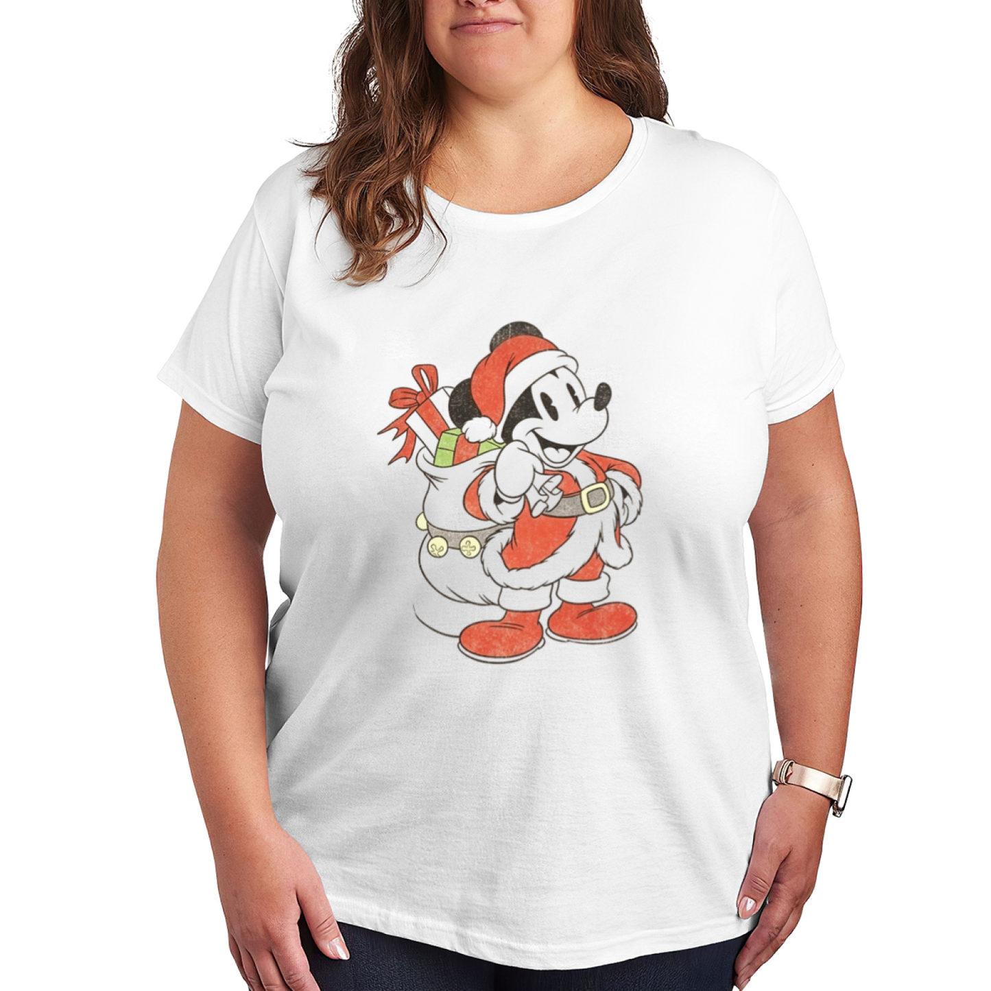 Vintage Santa Mickey Christmas Festive Plus?Size Ladies Holiday Tee