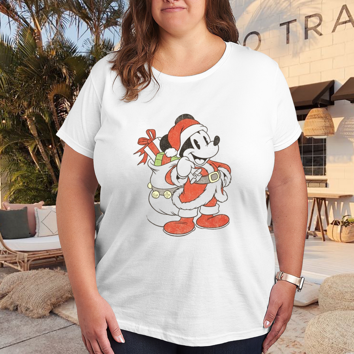 Vintage Santa Mickey Christmas Festive Plus?Size Ladies Holiday Tee