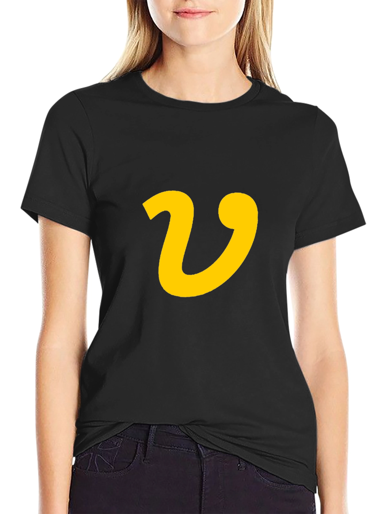 Black T-Shirt with Yellow Letter V Graphic Print