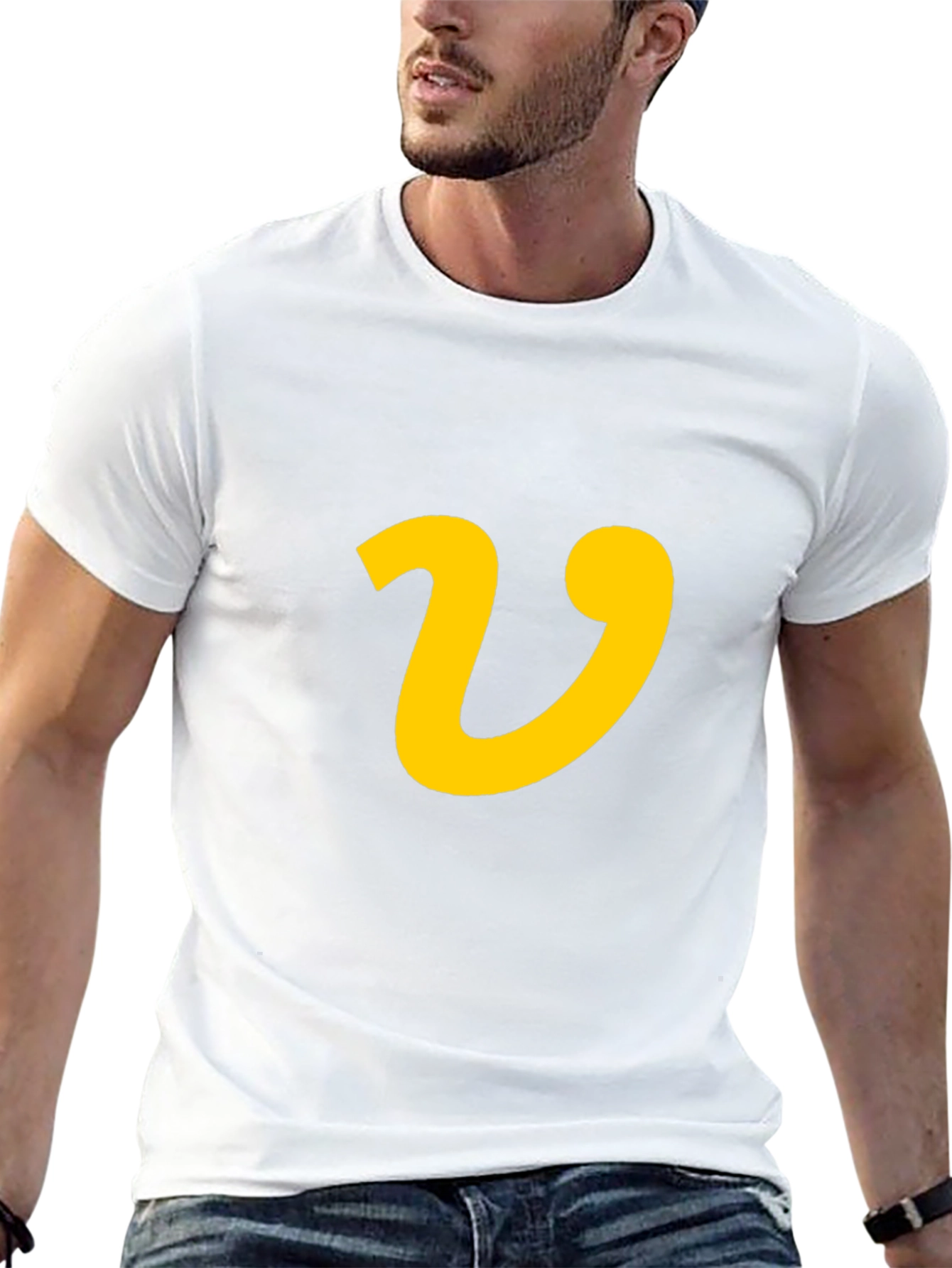 Black T-Shirt with Yellow Letter V Graphic Print