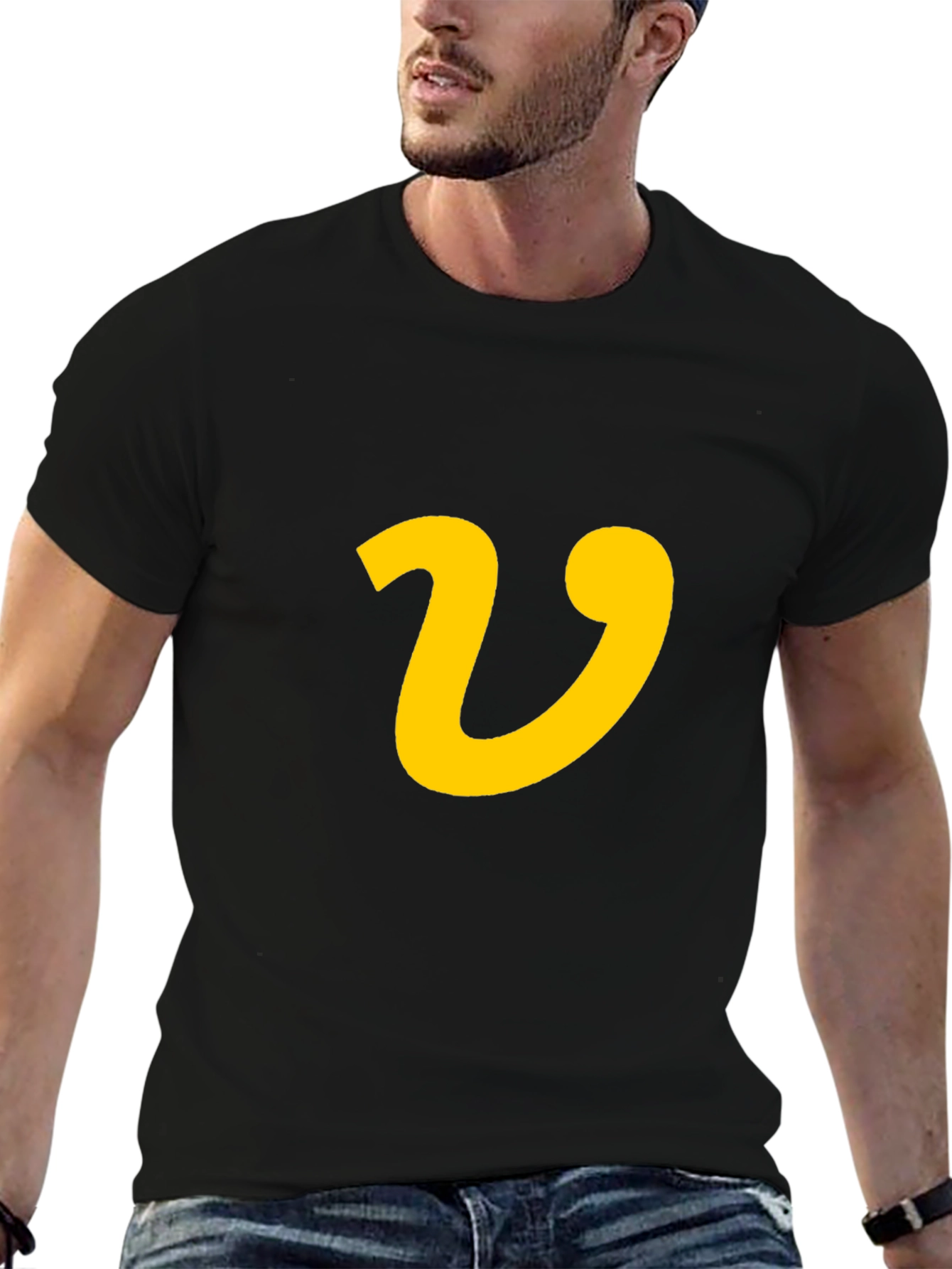 Black T-Shirt with Yellow Letter V Graphic Print