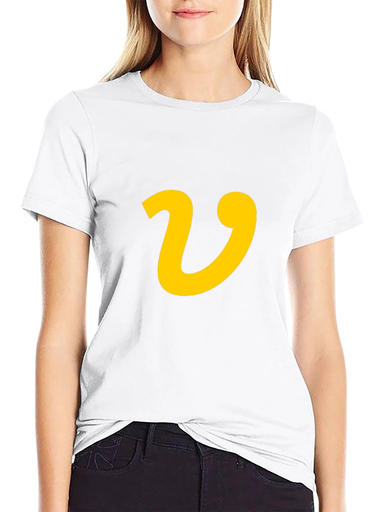 Black T-Shirt with Yellow Letter V Graphic Print