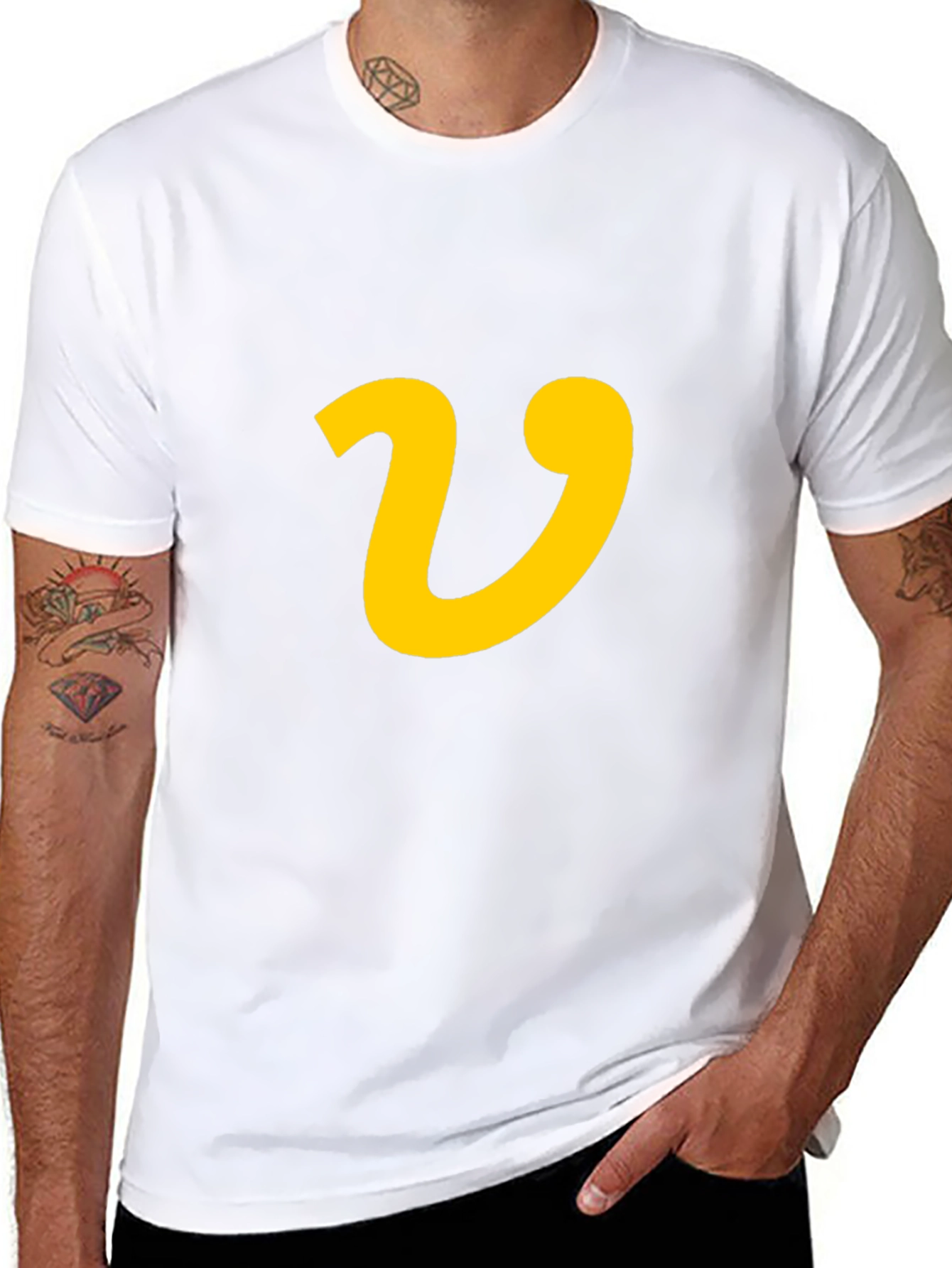 Black T-Shirt with Yellow Letter V Graphic Print