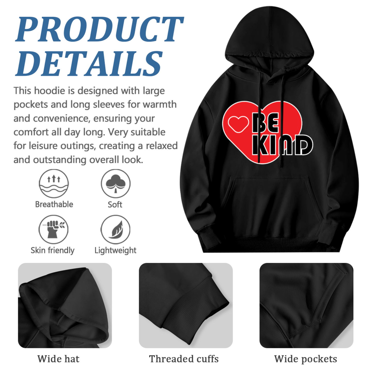 Red Heart BE KIND Positive Graphic Hoodie, Versatile Cozy Style