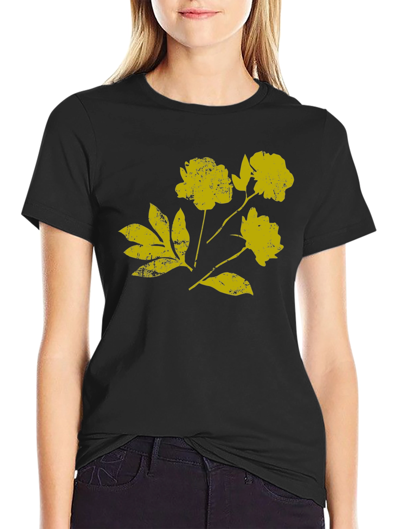 Black T-Shirt with Distressed Floral Graphic