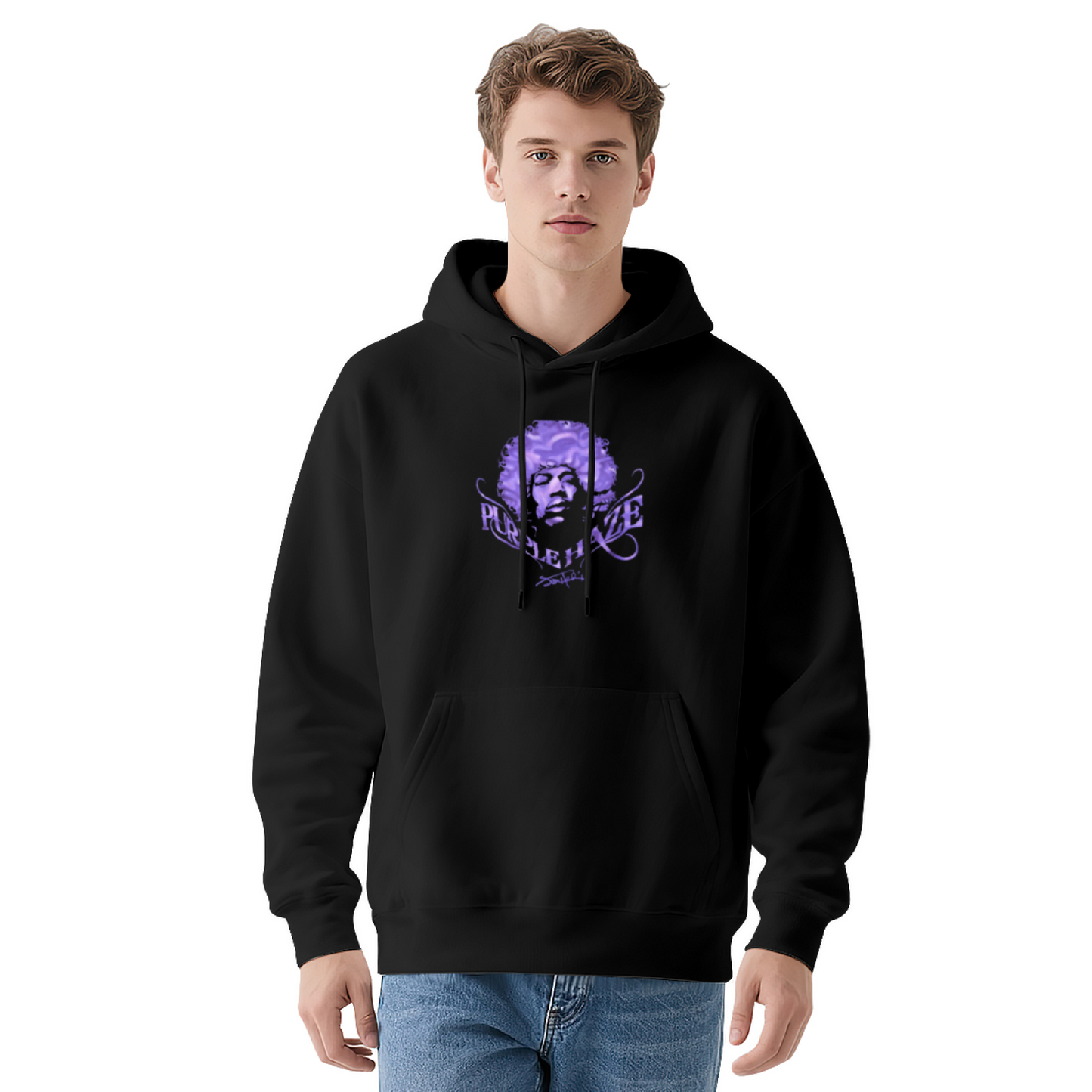Purple Vintage Portrait White Hoodie, Retro Art Graphic All-Day Comfort Hoodie