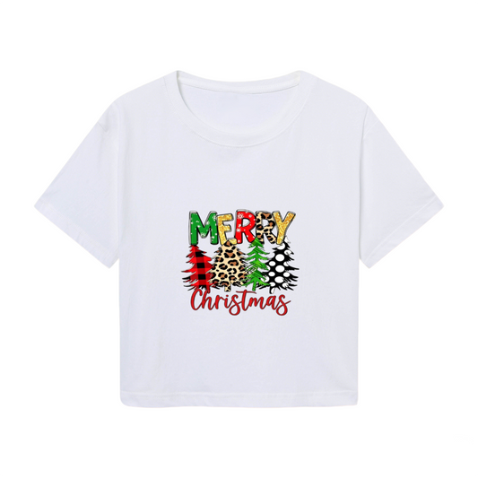 Leopard Plaid Merry Christmas Tree Graphic Crop T?Shirt