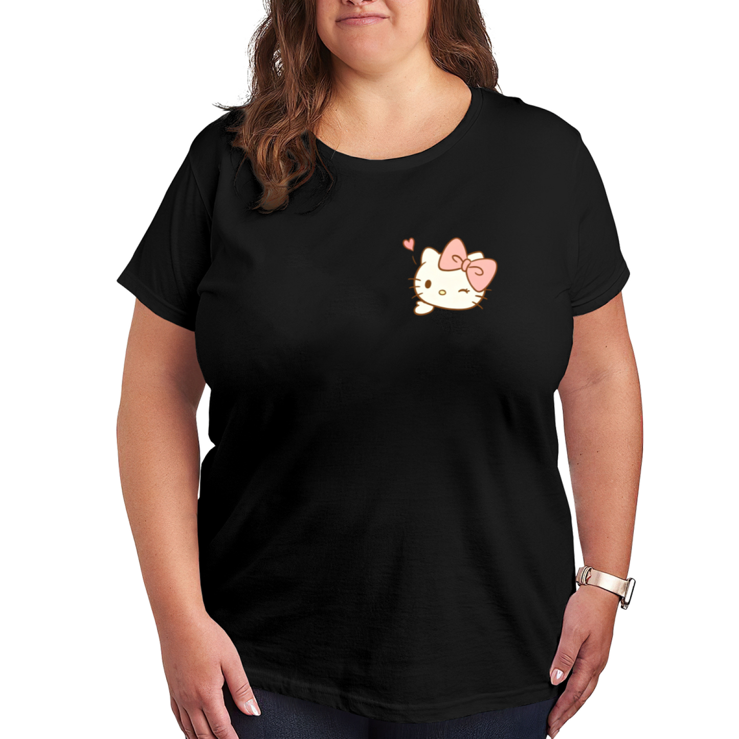 Tiny Winking Hello Kitty Chest Pocket?Style Print Plus Size Ladies T?Shirt