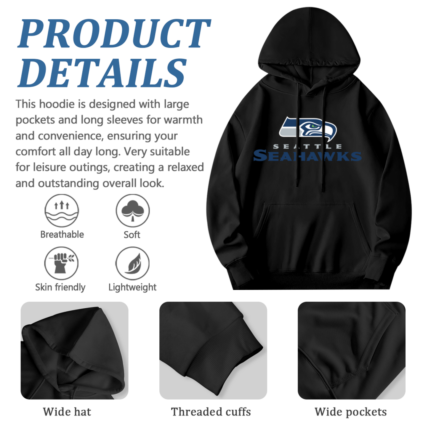 Seattle Seahawks Sport Logo Black Hoodie, Men Athletic Warm Casual Hooded Sweatshirt