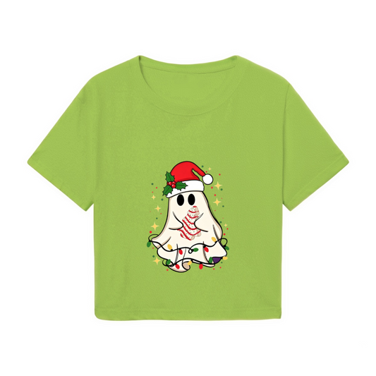 Spooky Cute Ghost Santa Hat Christmas Tree Cake Women Christmas Crop Top