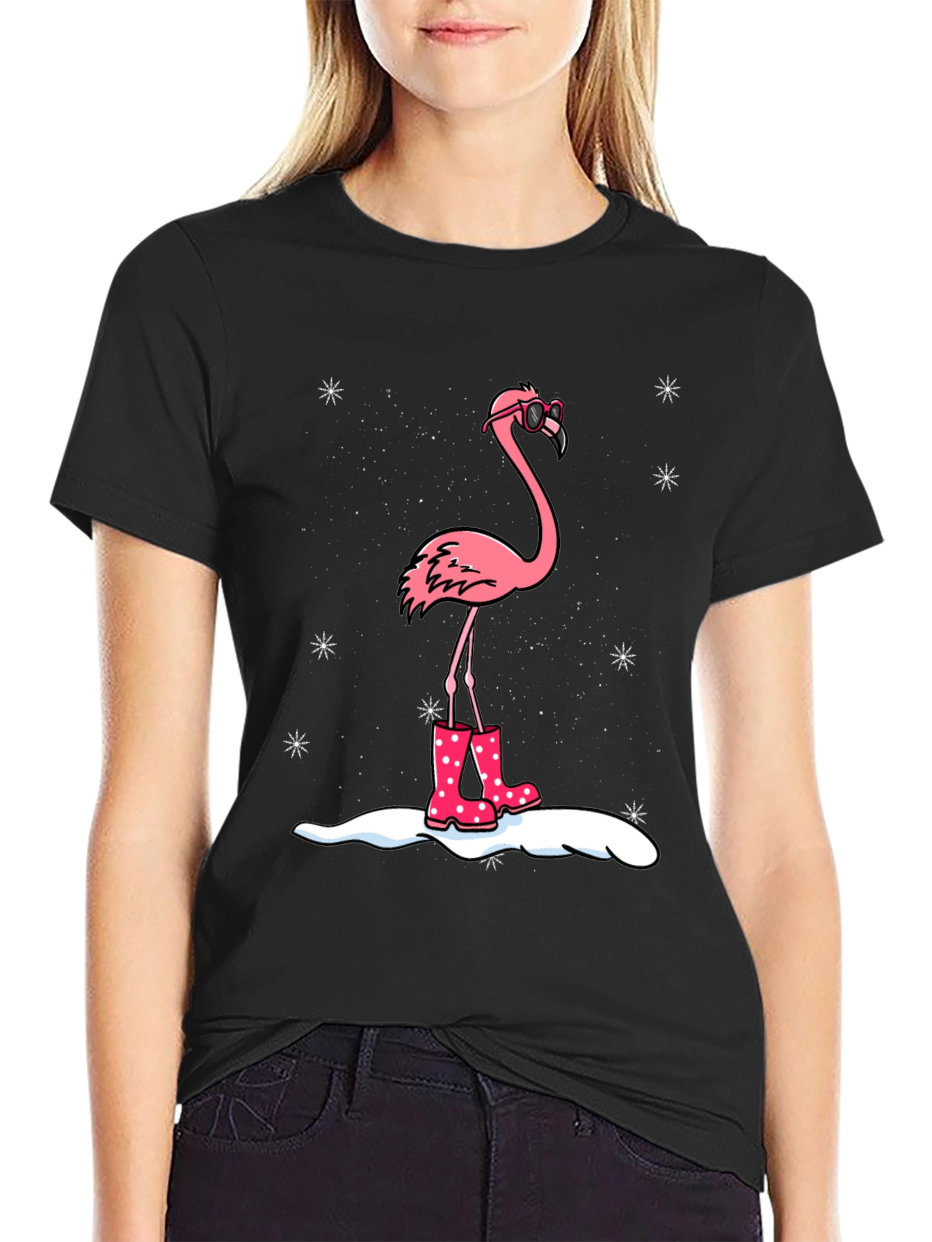 Flamingo T-Shirt - Winter Rain Boots Black Tee