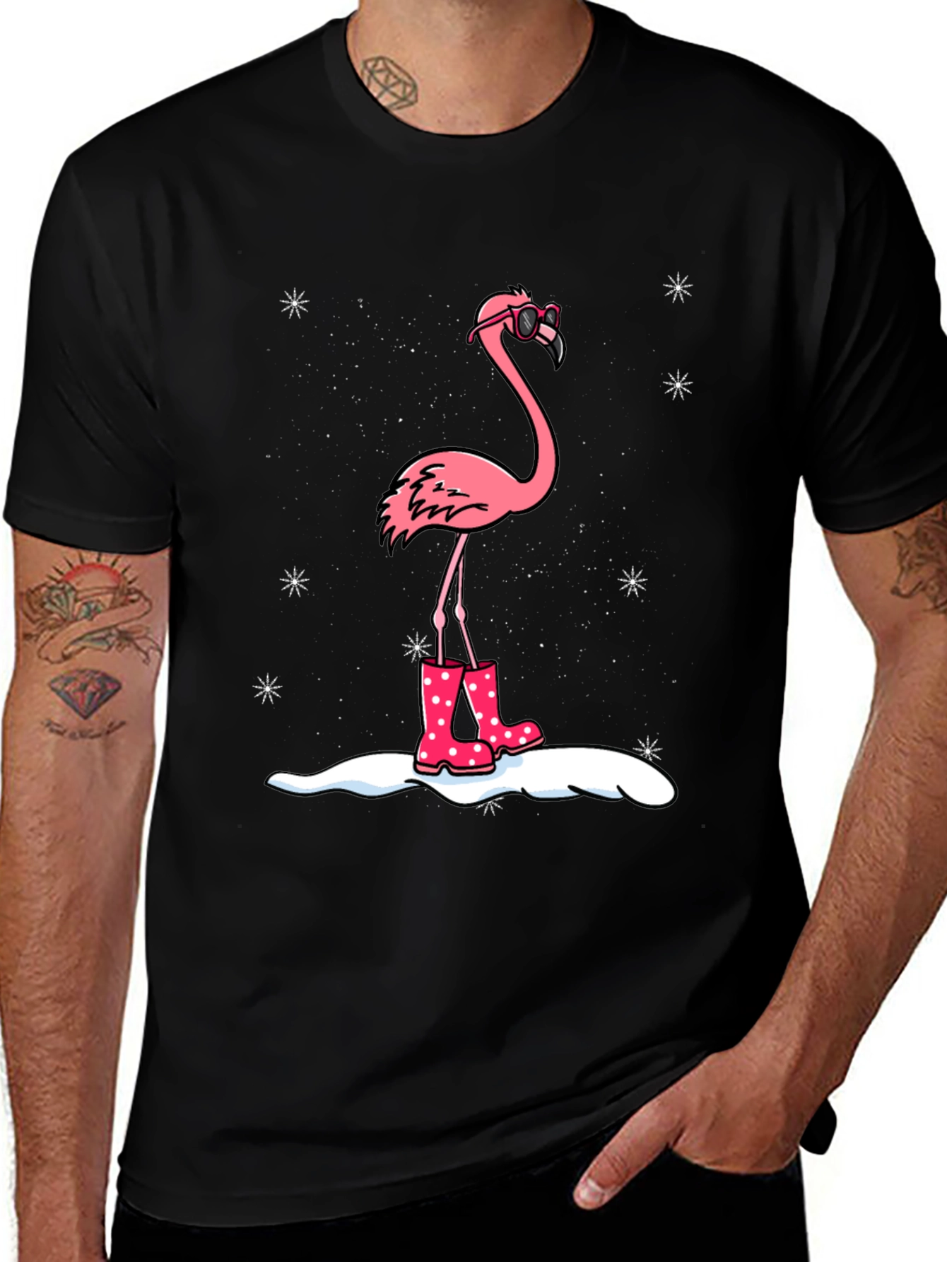 Flamingo T-Shirt - Winter Rain Boots Black Tee