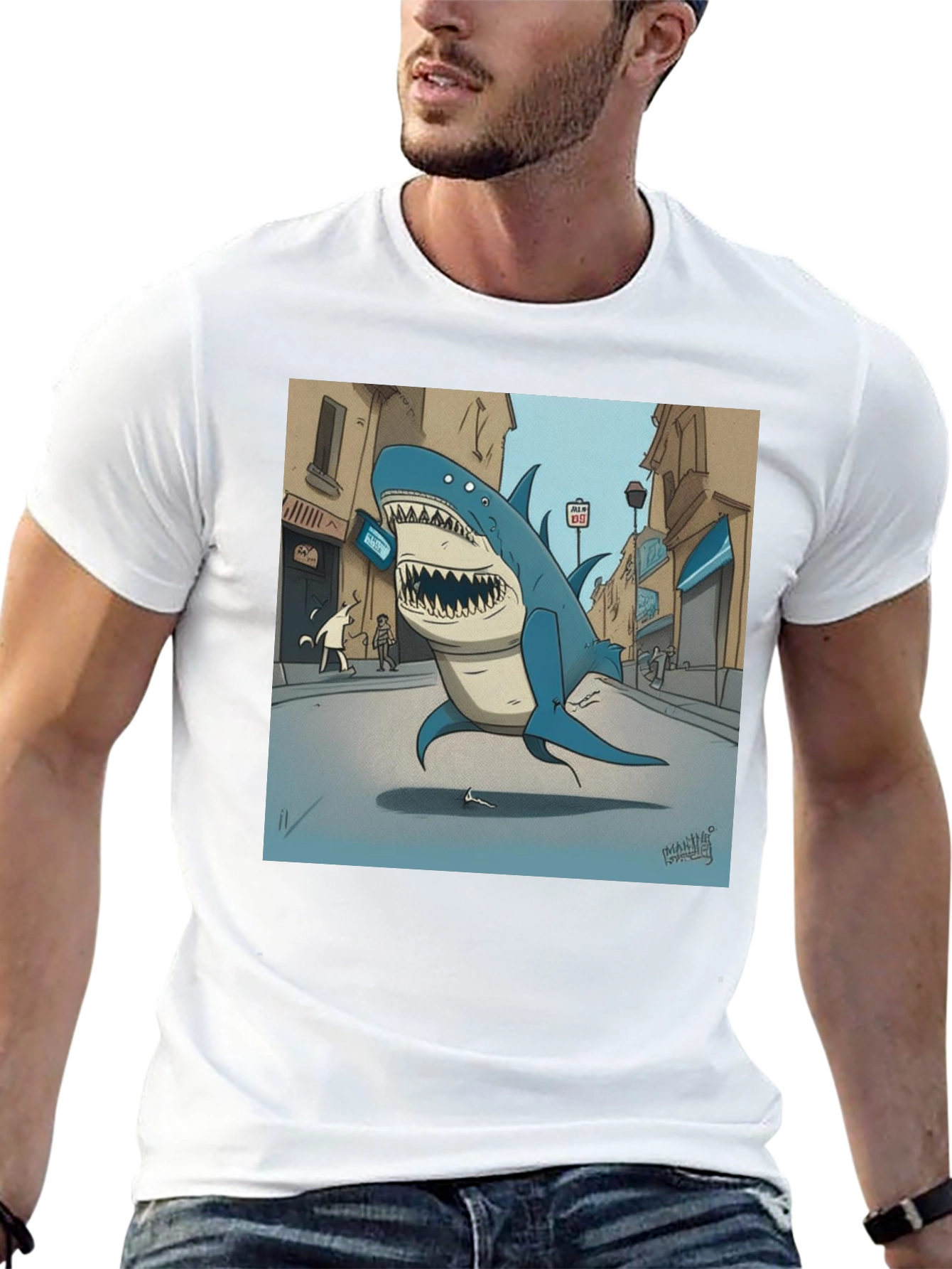 Shark City Cartoon Graphic Tee - Black