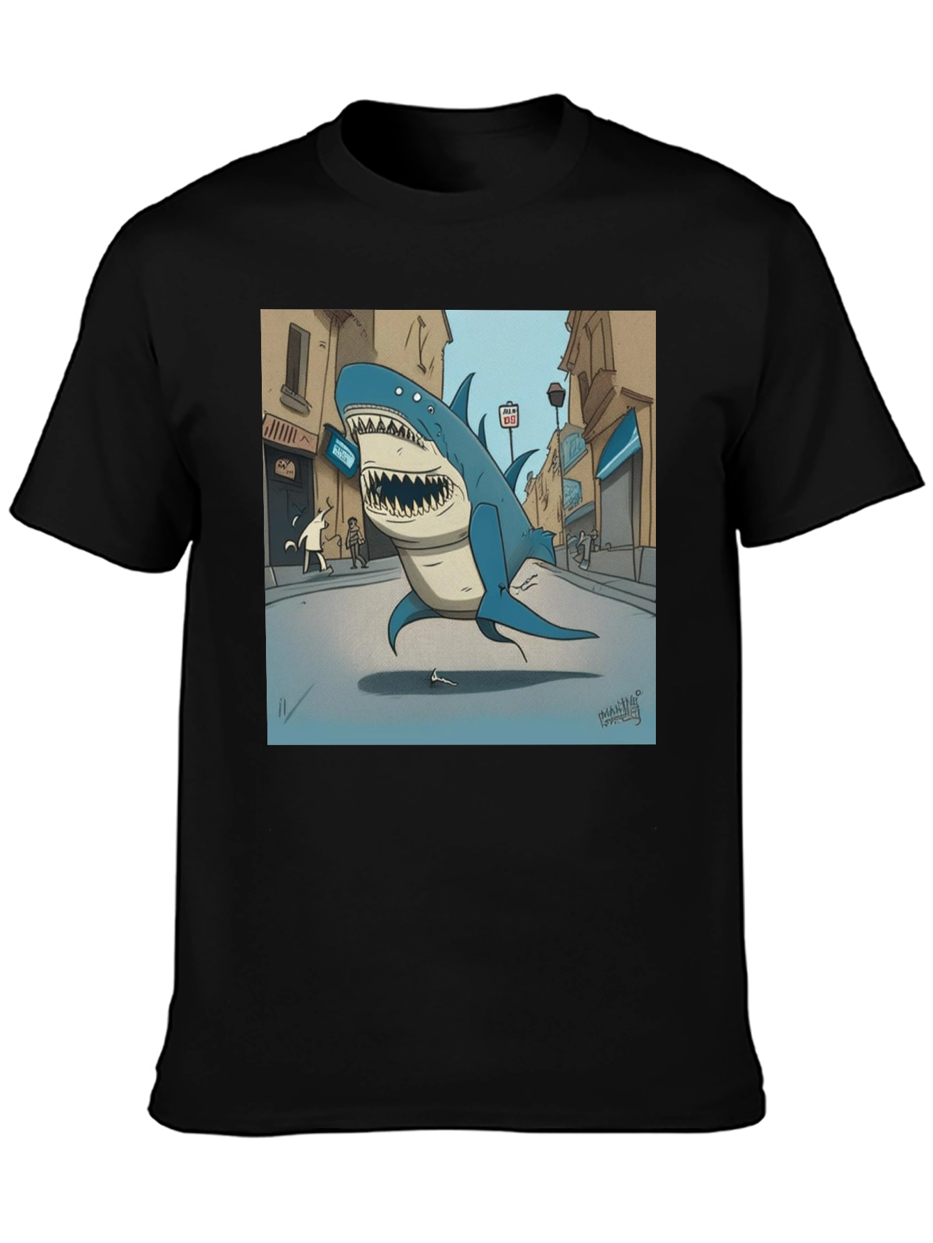 Shark City Cartoon Graphic Tee - Black