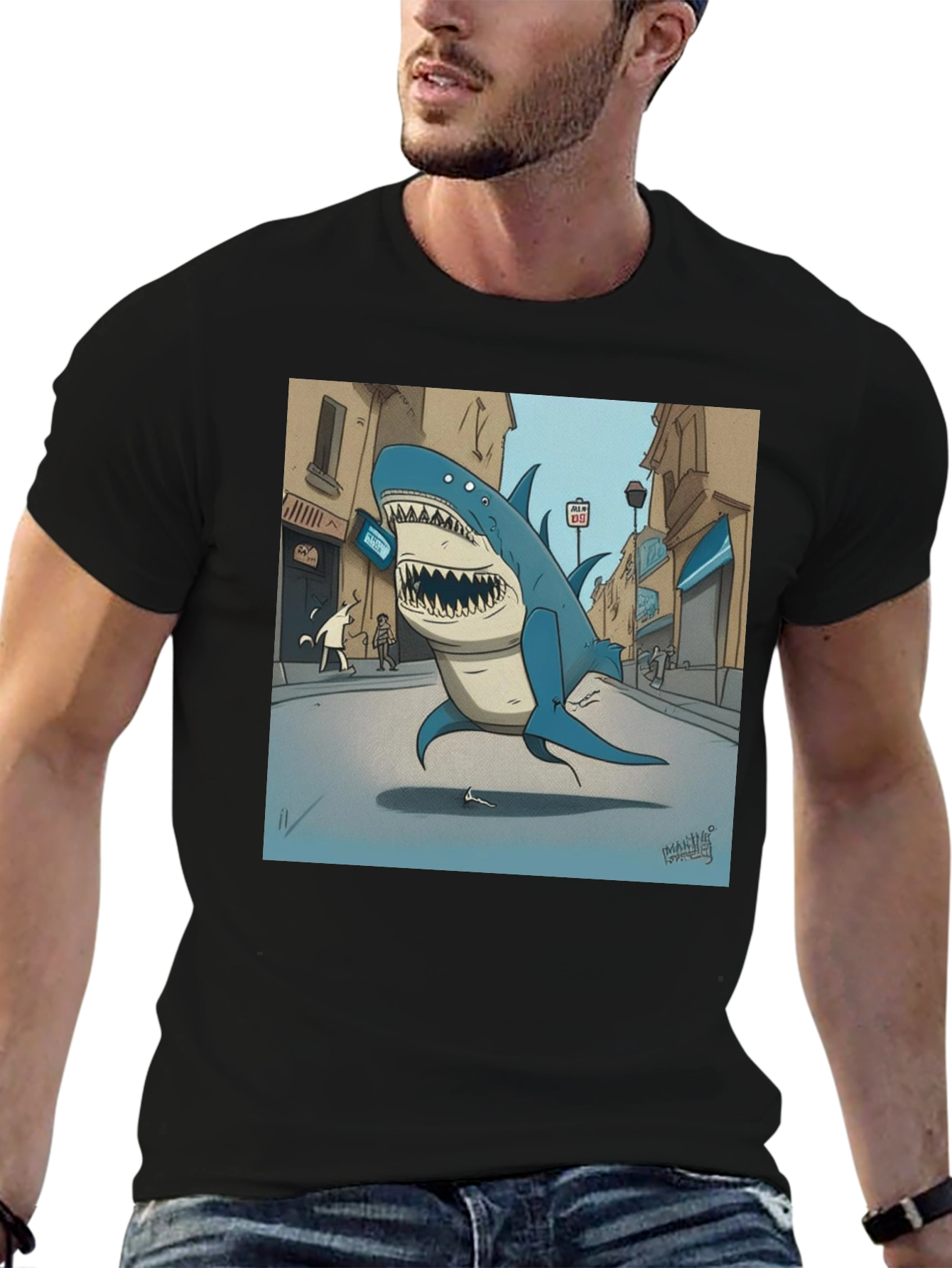 Shark City Cartoon Graphic Tee - Black