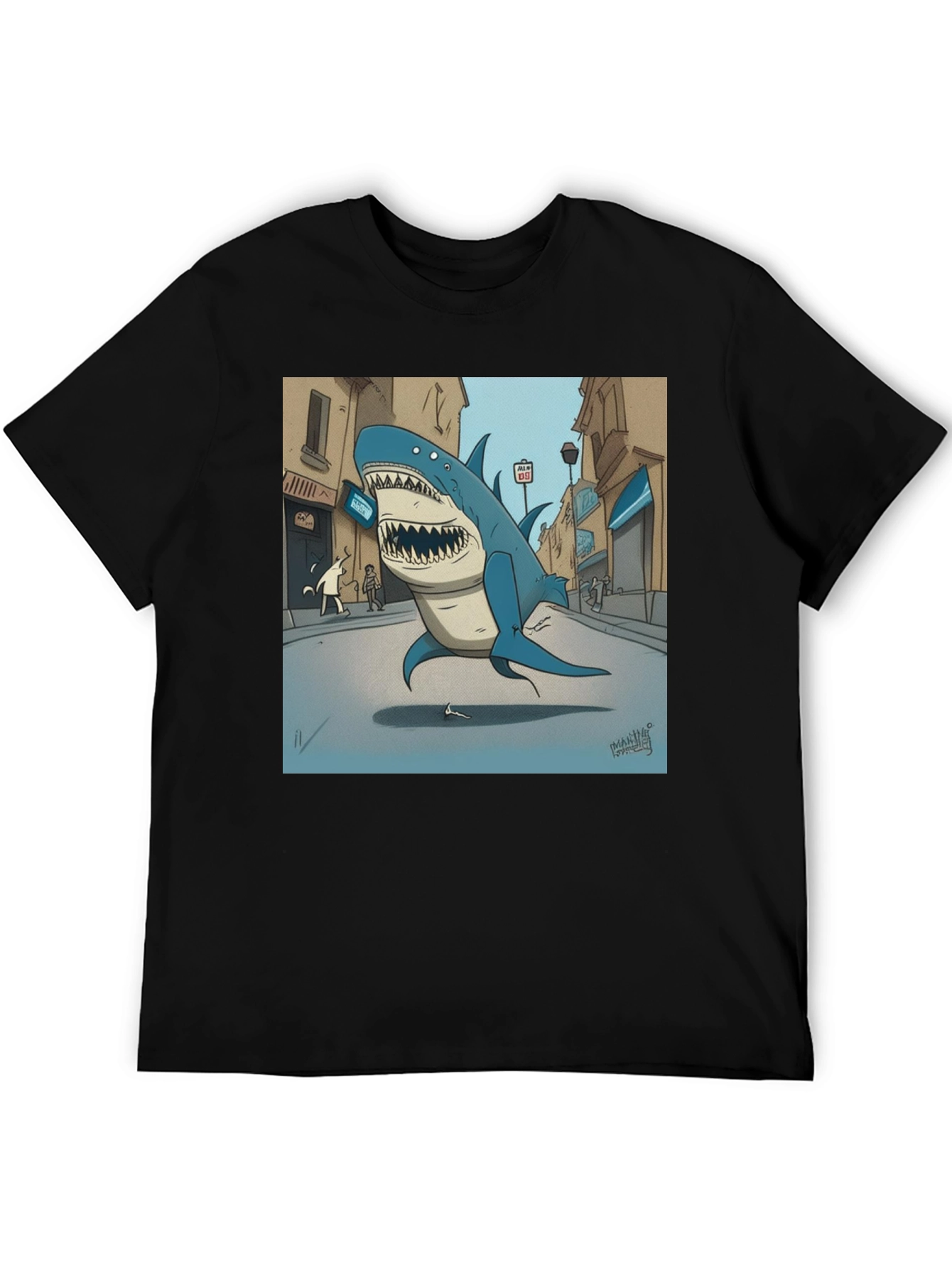 Shark City Cartoon Graphic Tee - Black