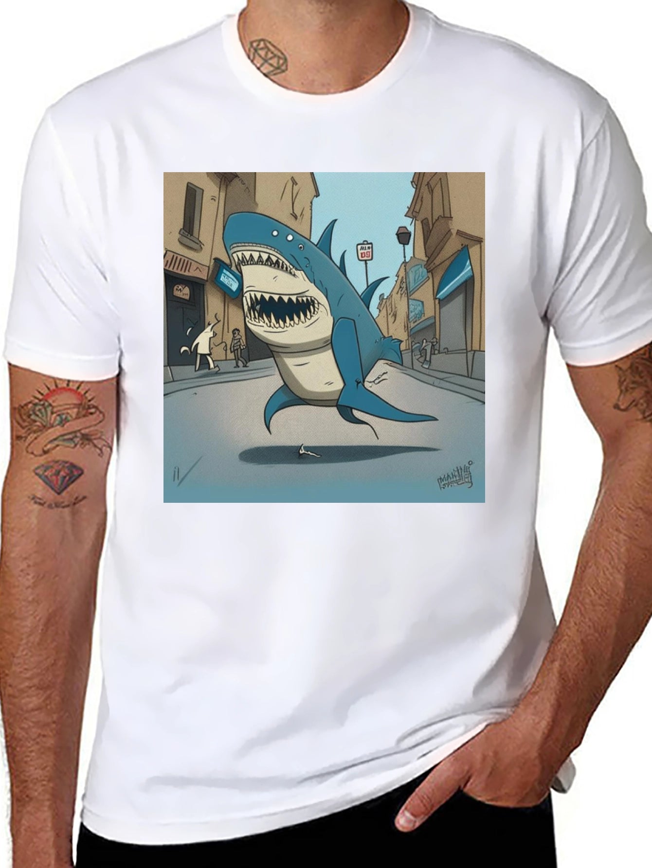 Shark City Cartoon Graphic Tee - Black