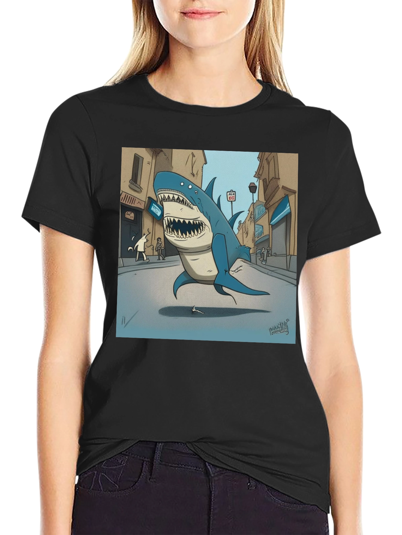 Shark City Cartoon Graphic Tee - Black
