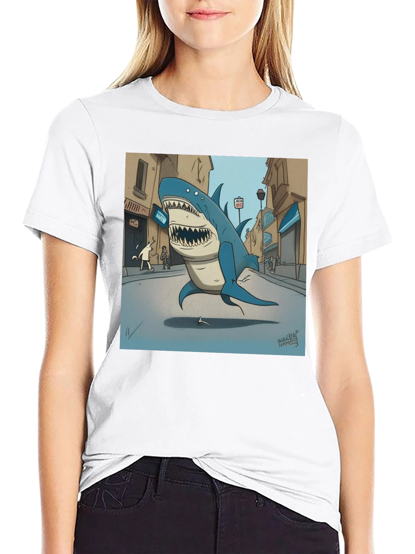 Shark City Cartoon Graphic Tee - Black