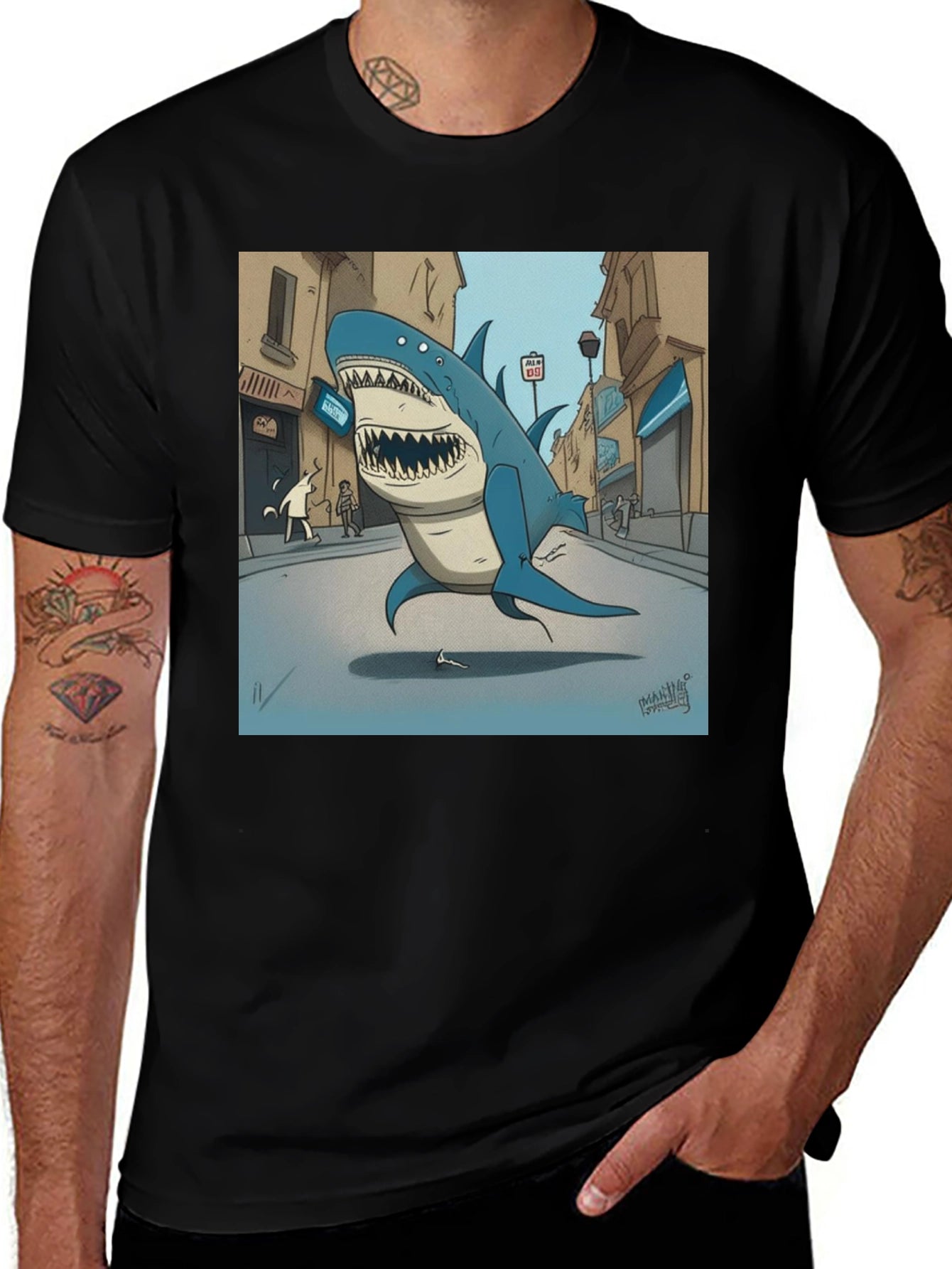 Shark City Cartoon Graphic Tee - Black