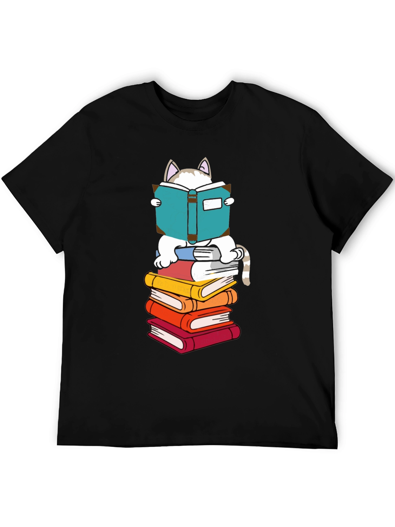 Cat Reading Books T-Shirt - Black Cotton Tee