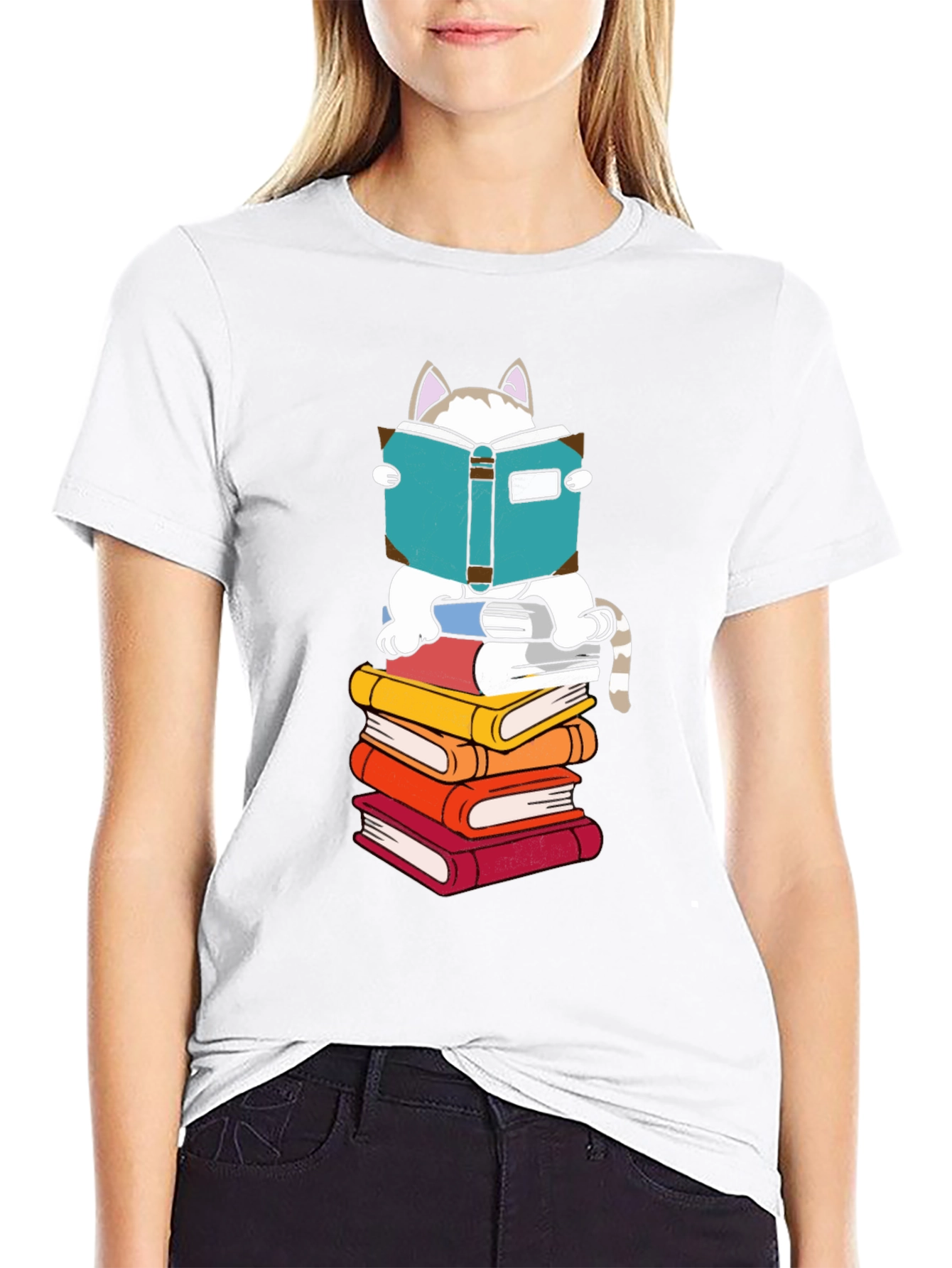 Cat Reading Books T-Shirt - Black Cotton Tee