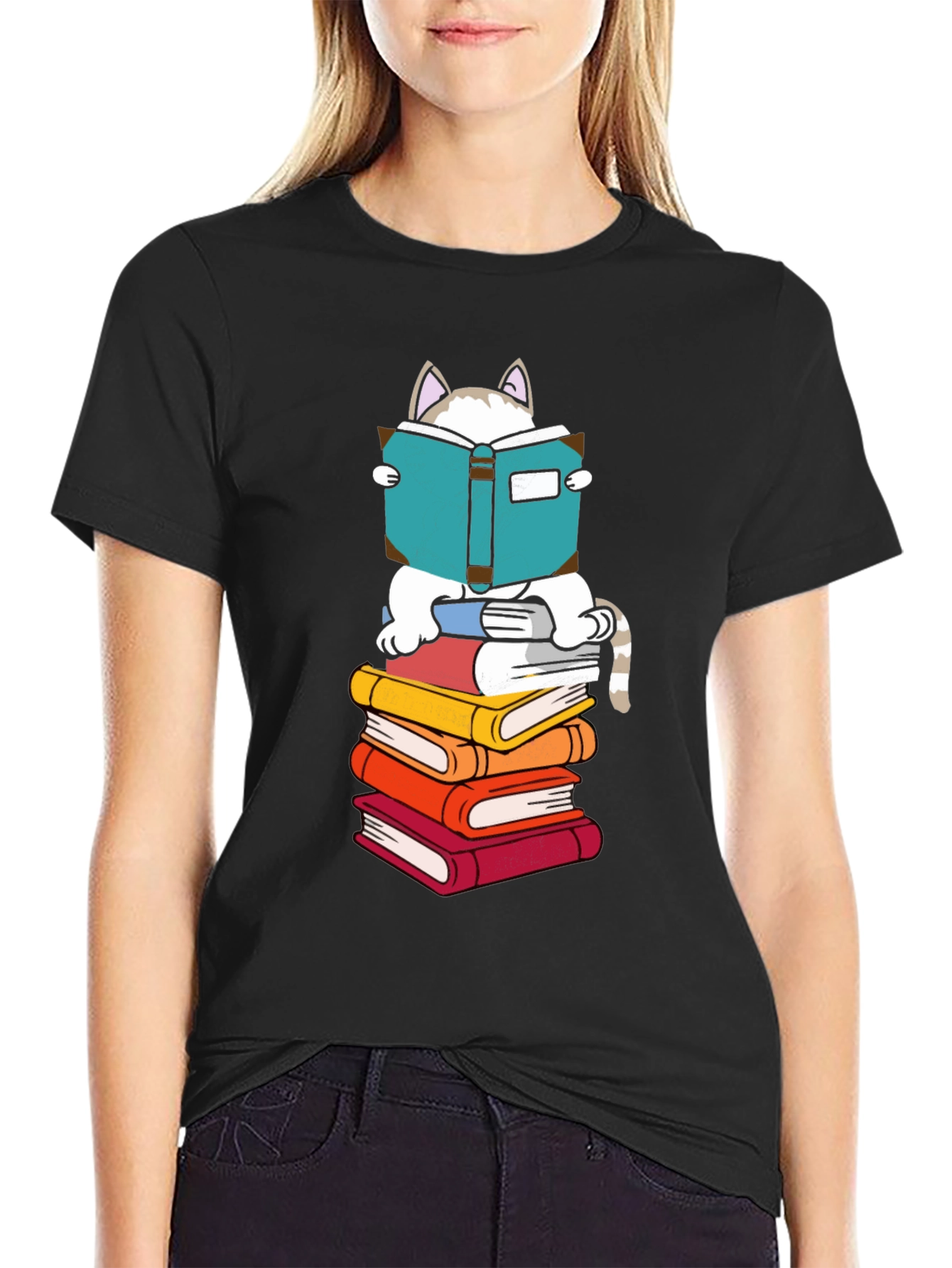 Cat Reading Books T-Shirt - Black Cotton Tee