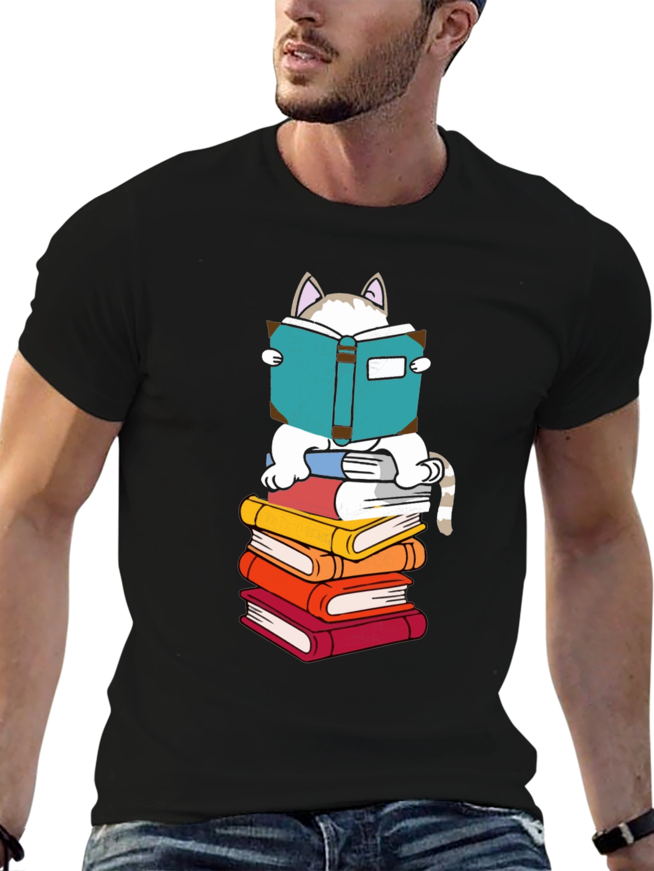 Cat Reading Books T-Shirt - Black Cotton Tee