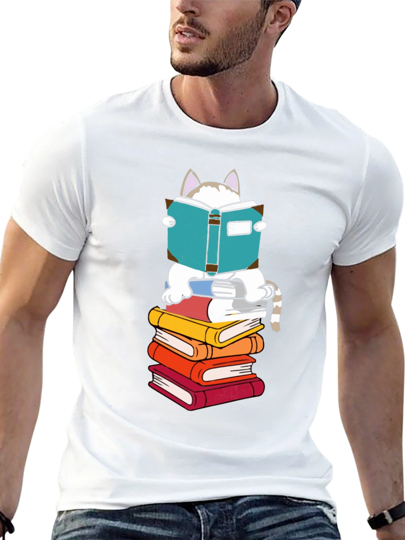 Cat Reading Books T-Shirt - Black Cotton Tee