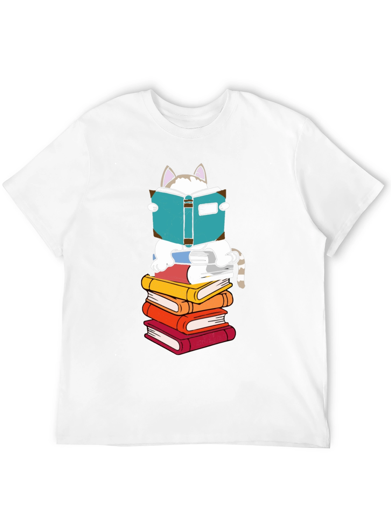 Cat Reading Books T-Shirt - Black Cotton Tee