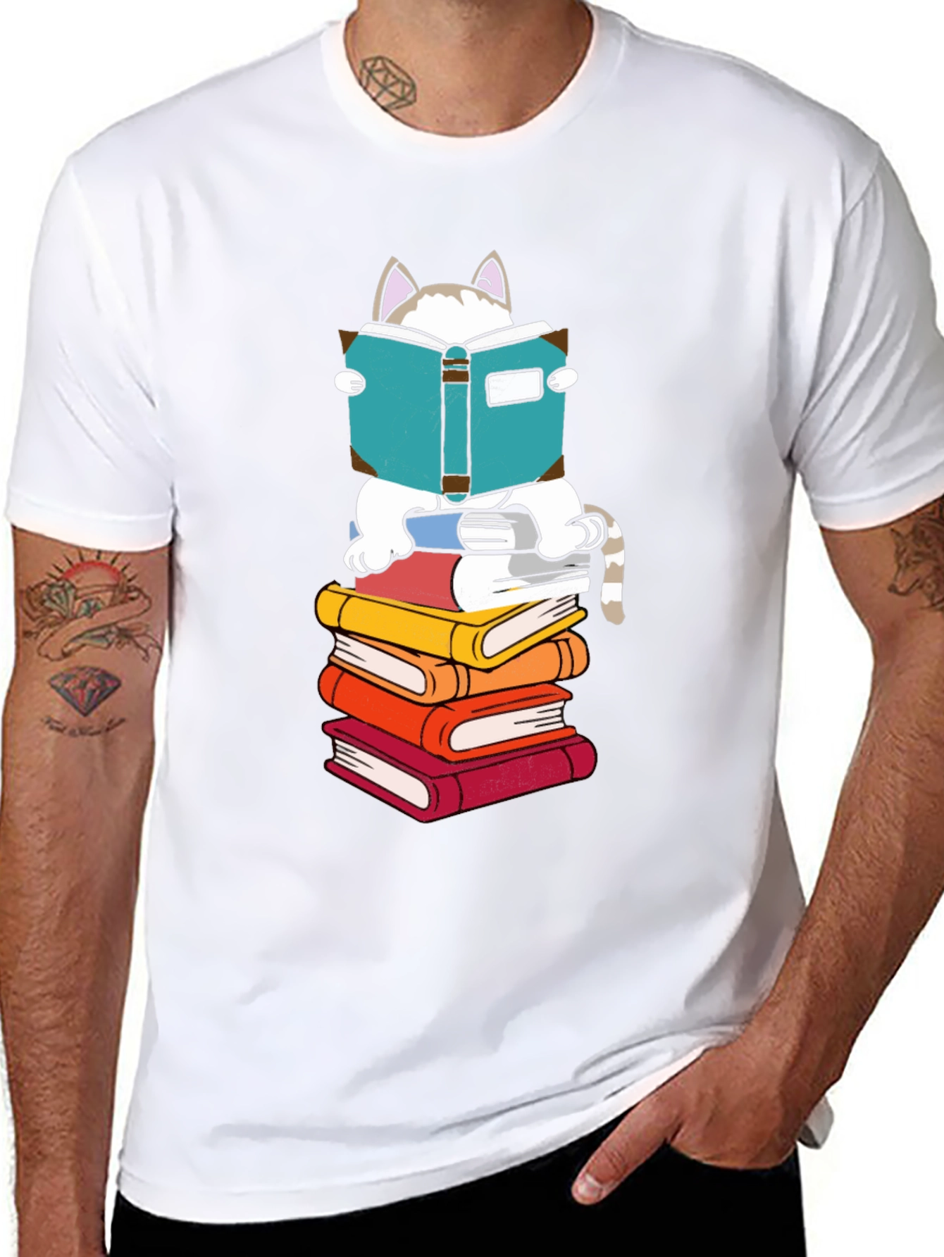 Cat Reading Books T-Shirt - Black Cotton Tee