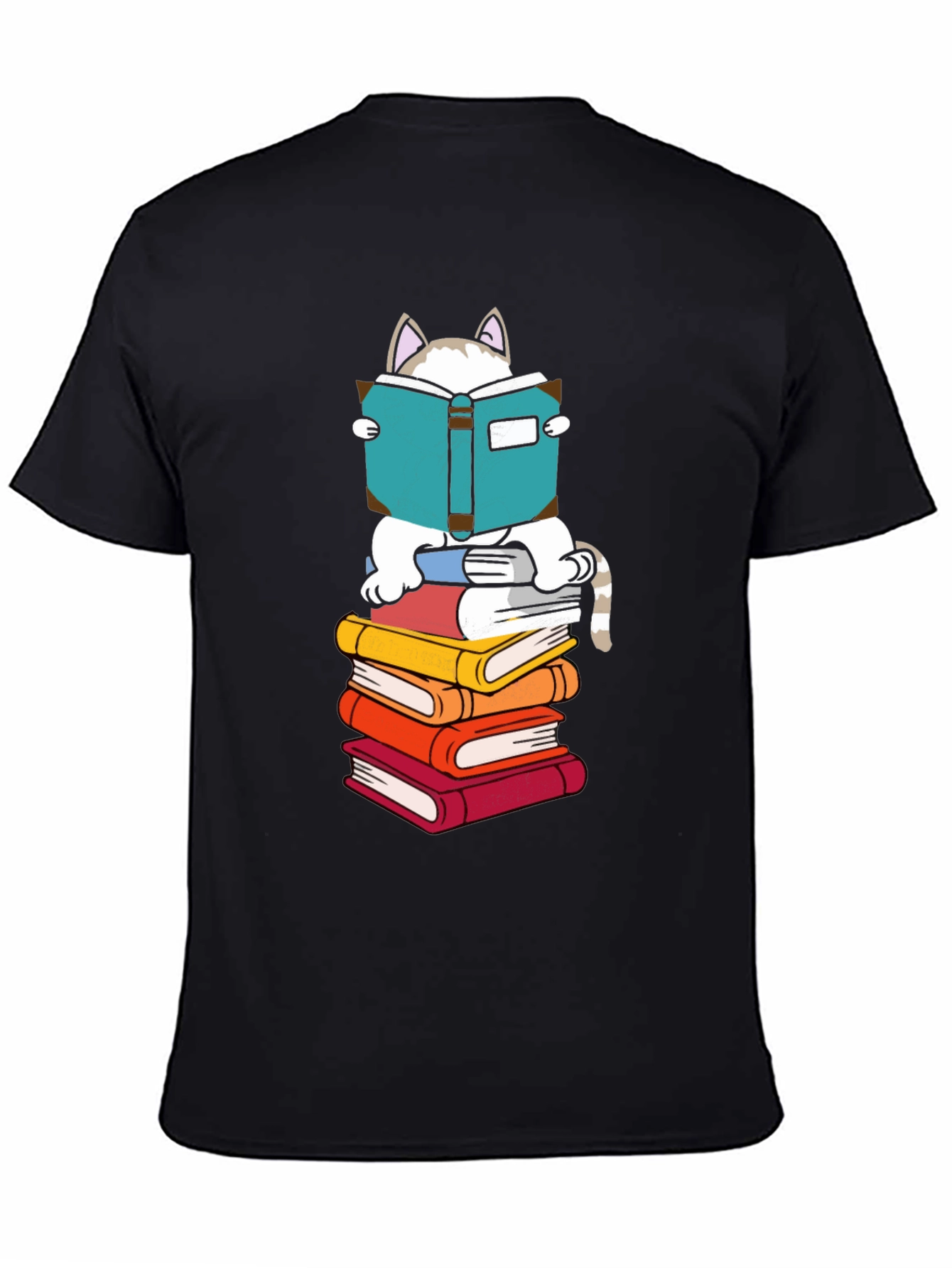 Cat Reading Books T-Shirt - Black Cotton Tee