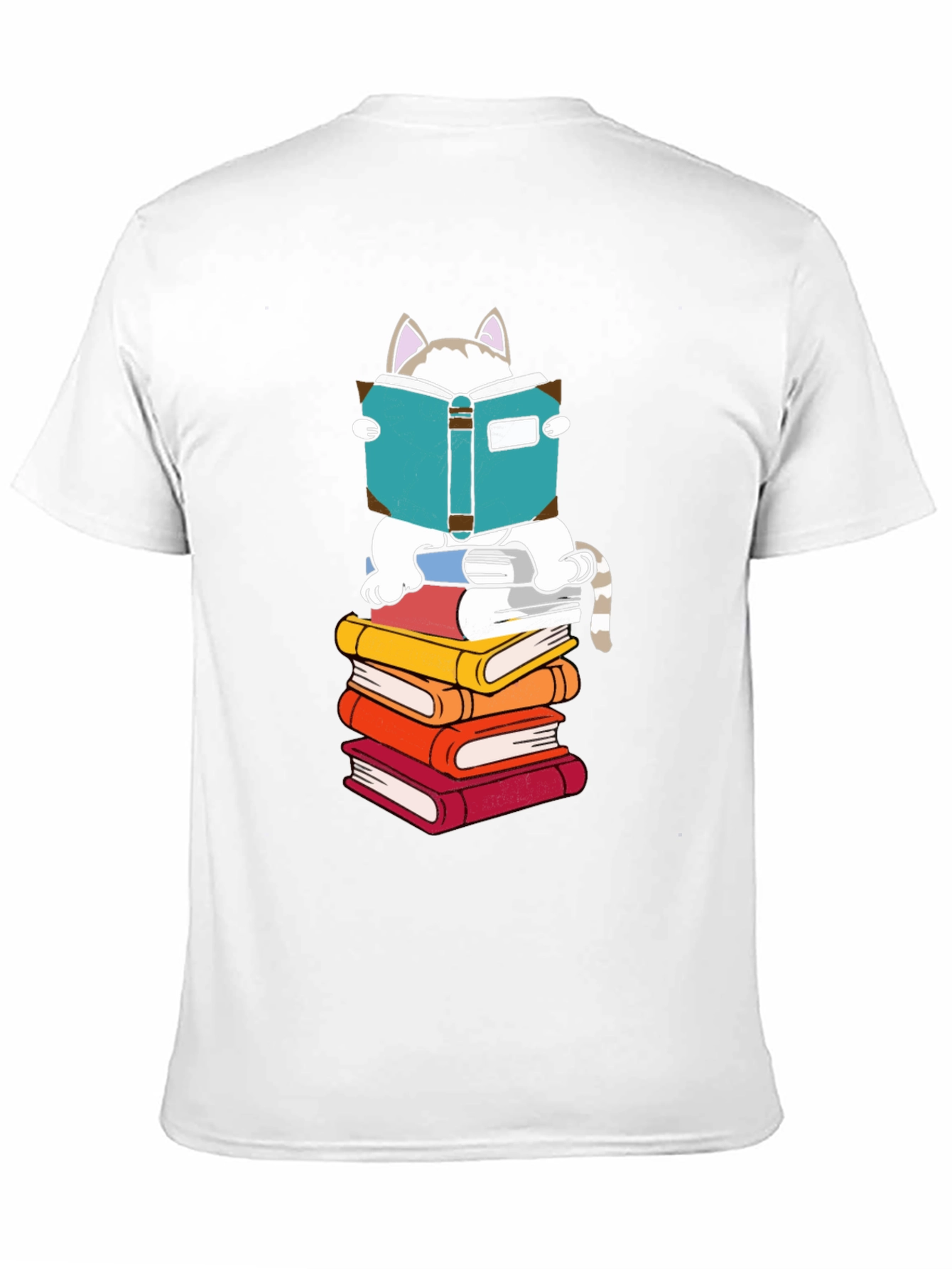 Cat Reading Books T-Shirt - Black Cotton Tee