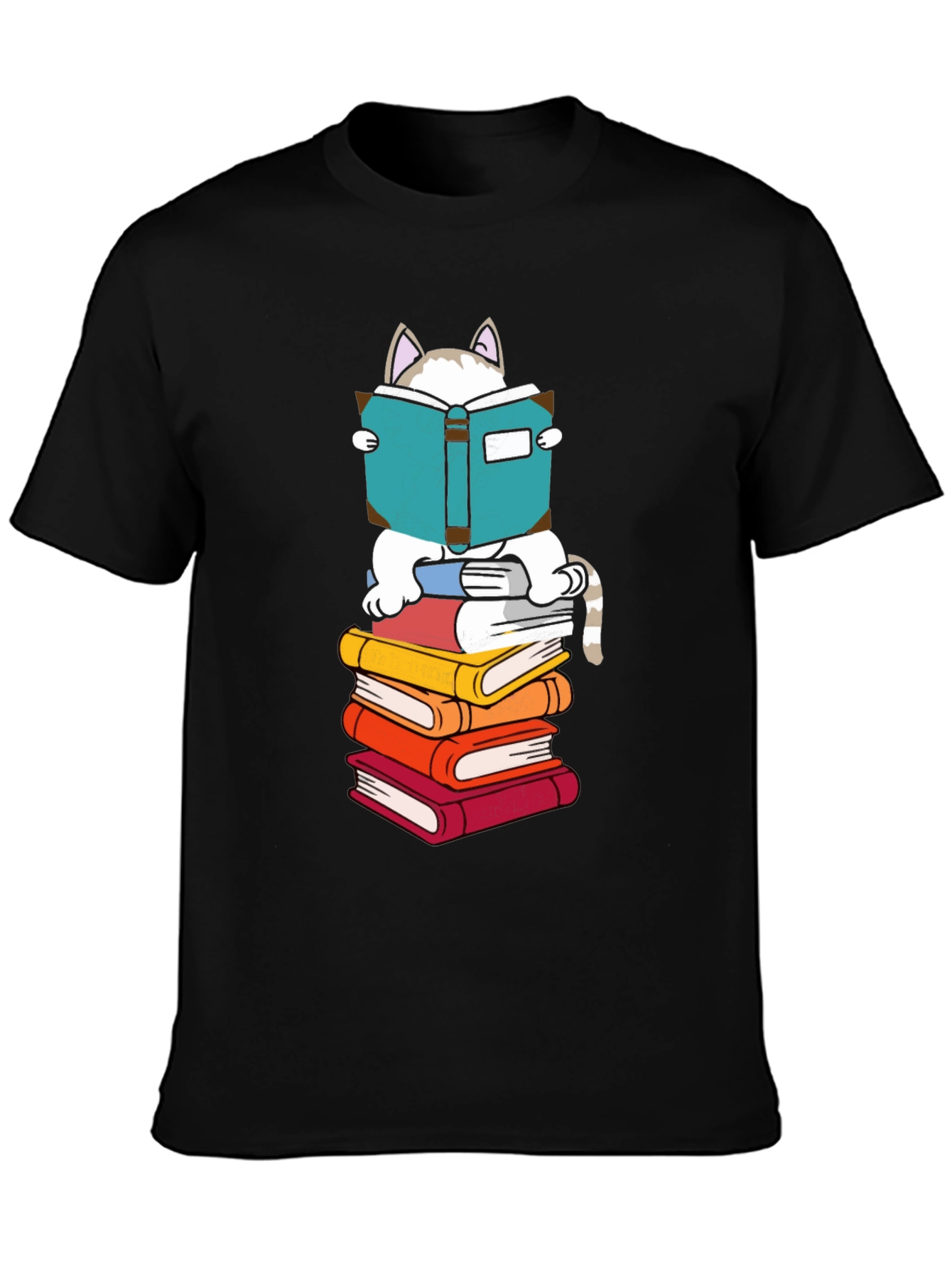 Cat Reading Books T-Shirt - Black Cotton Tee