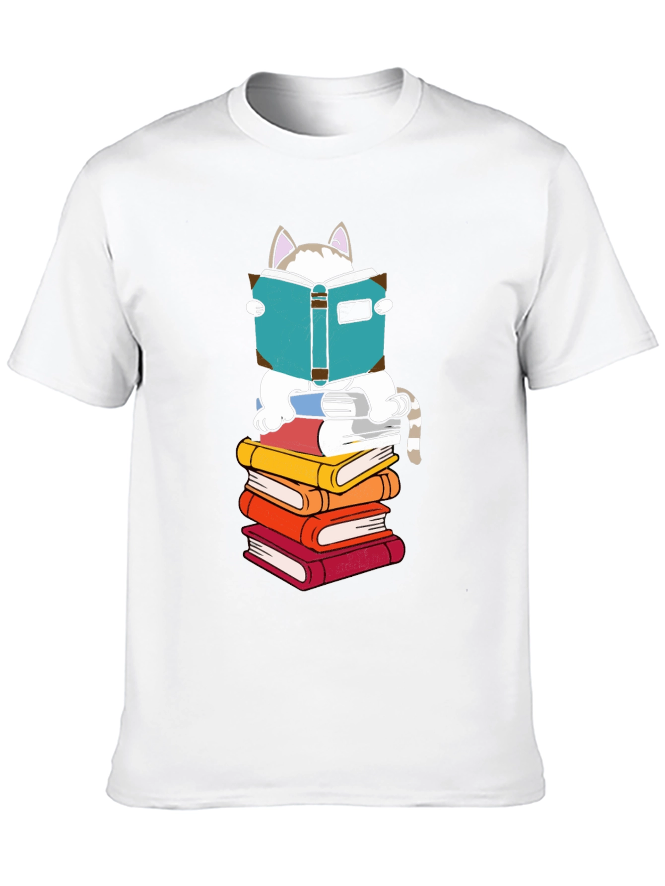 Cat Reading Books T-Shirt - Black Cotton Tee