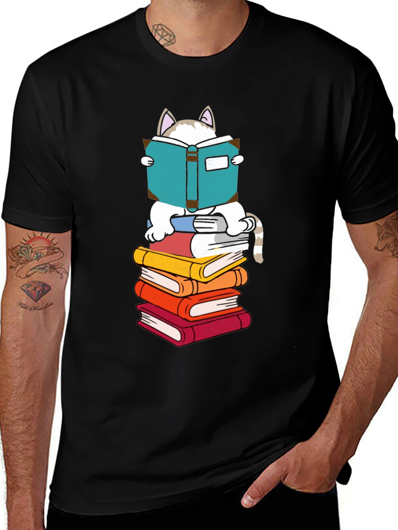 Cat Reading Books T-Shirt - Black Cotton Tee