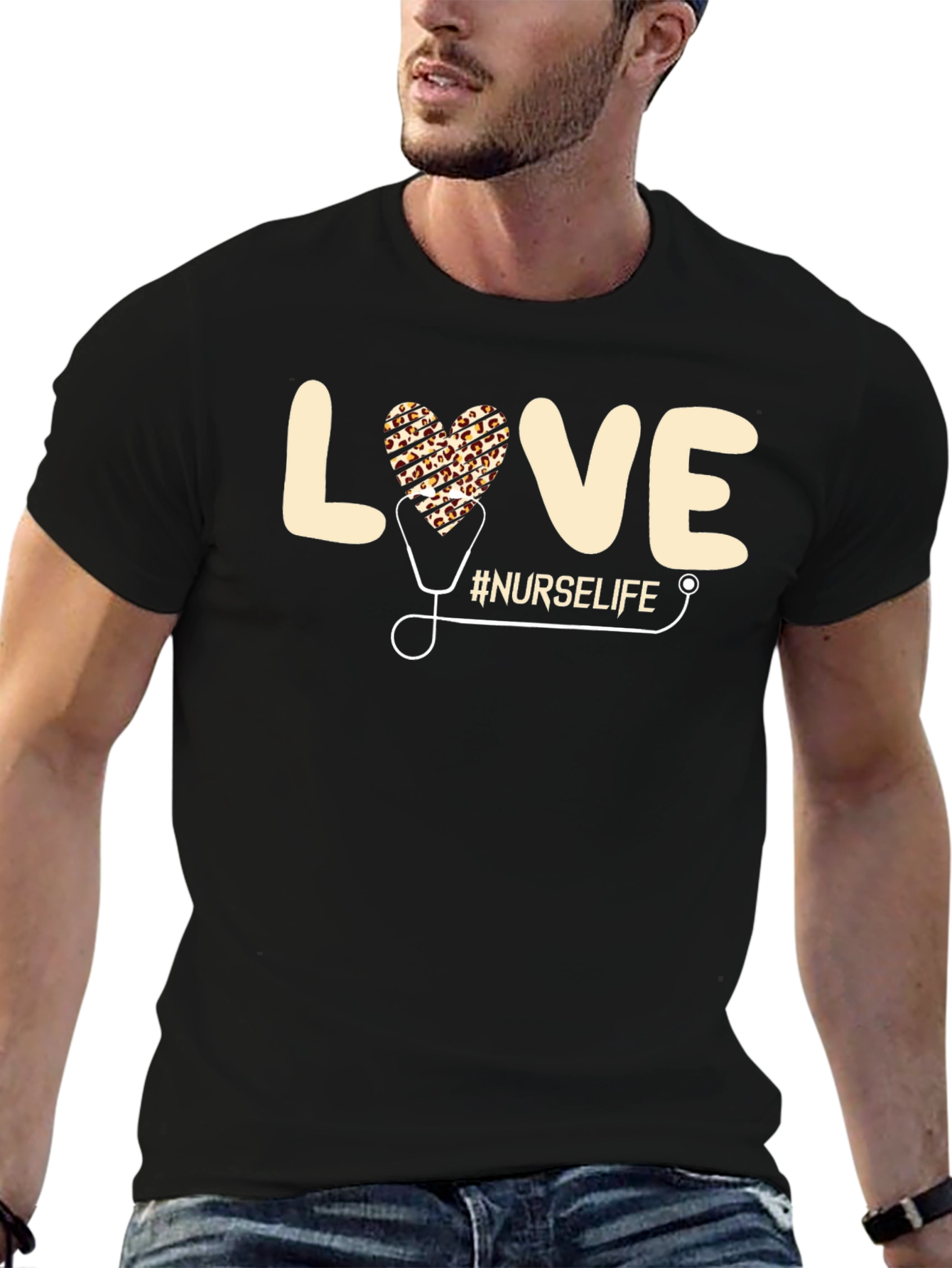 Nurse Life Leopard Heart Stethoscope Graphic T-Shirt