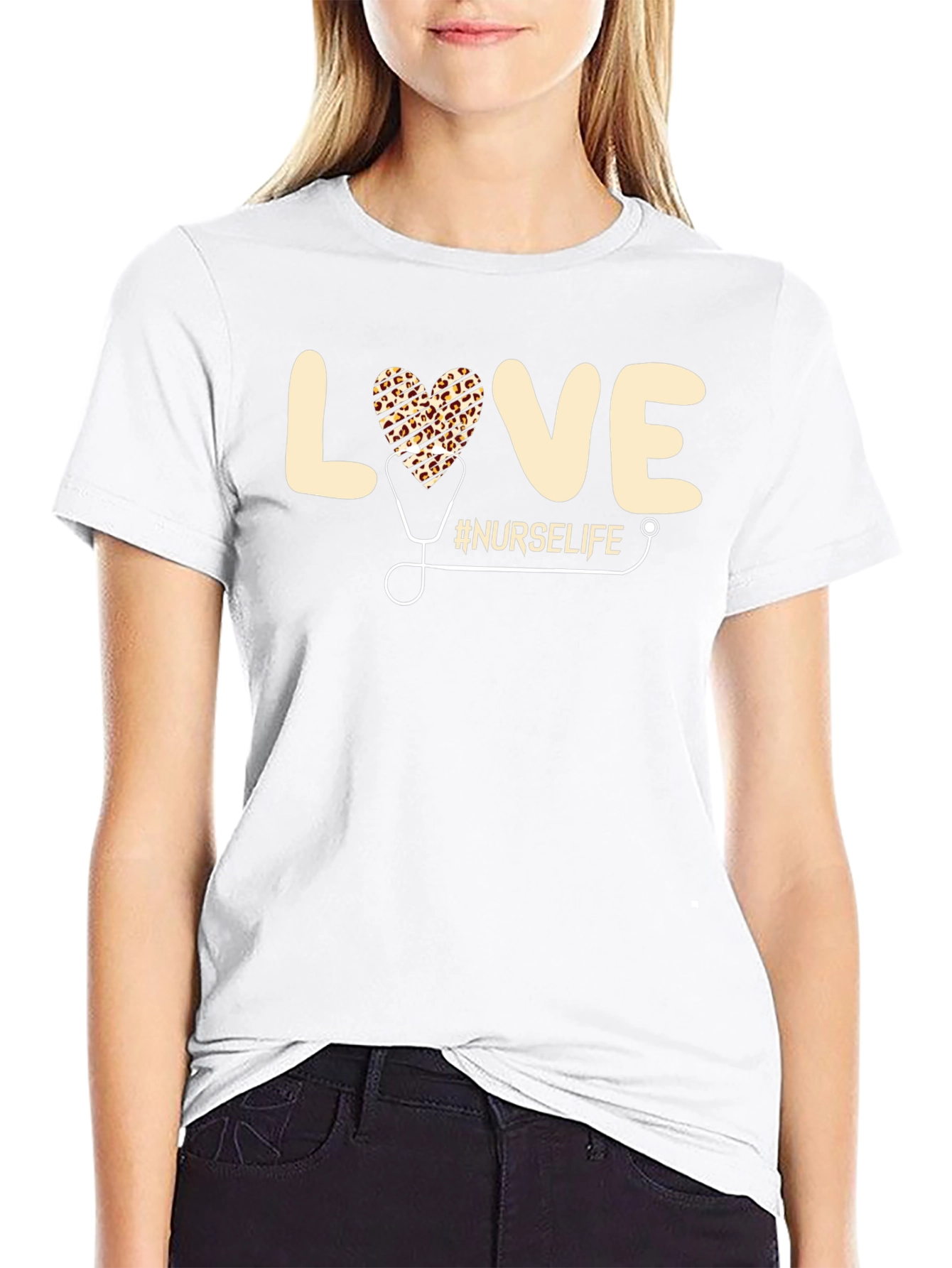 Nurse Life Leopard Heart Stethoscope Graphic T-Shirt