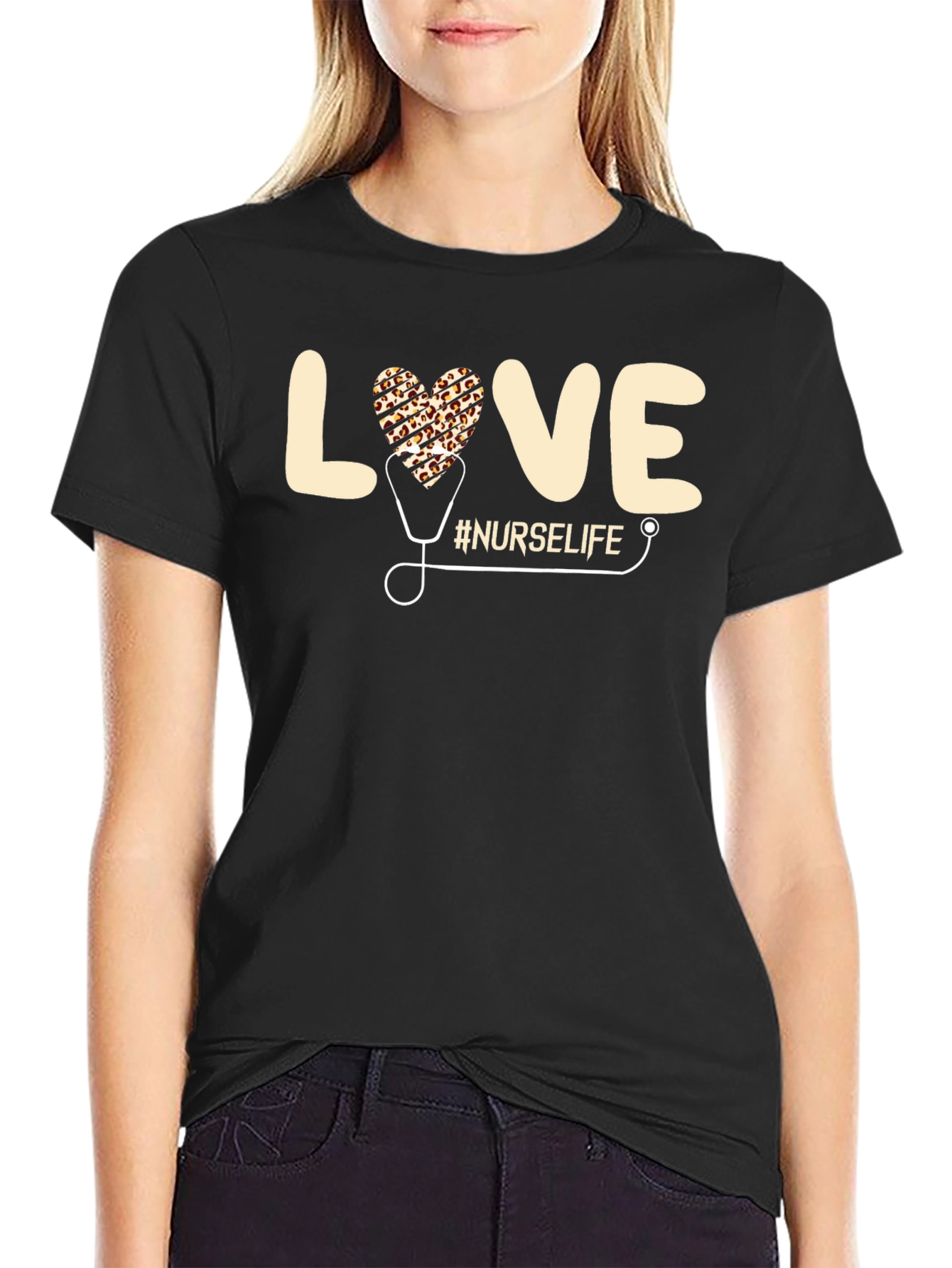 Nurse Life Leopard Heart Stethoscope Graphic T-Shirt