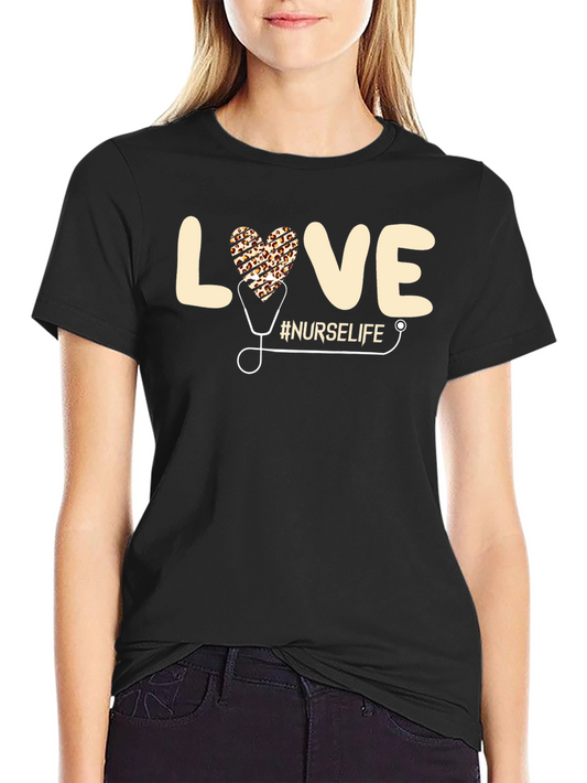 Nurse Life Leopard Heart Stethoscope Graphic T-Shirt