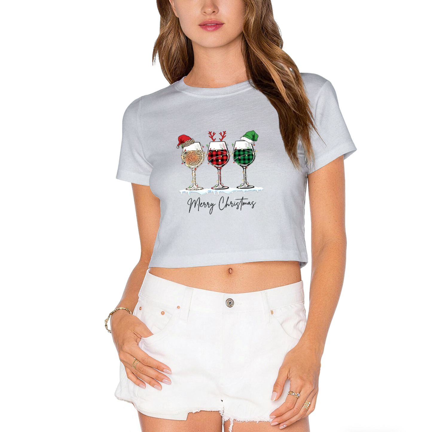 Christmas Wine Glass Buffalo Plaid Party Red Crop Top