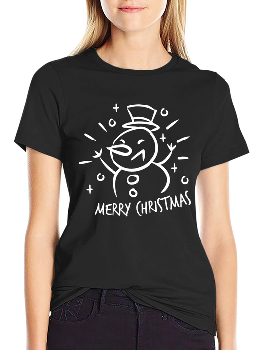 Merry Christmas Snowman Graphic Tee - Black Cotton T-Shirt