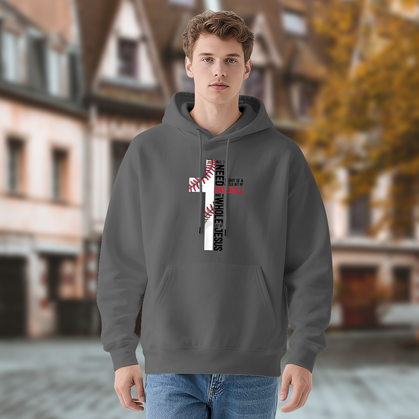 Faith & Baseball Cross Graphic Gray Hoodie, Soft & Comfortable Daily Pullover