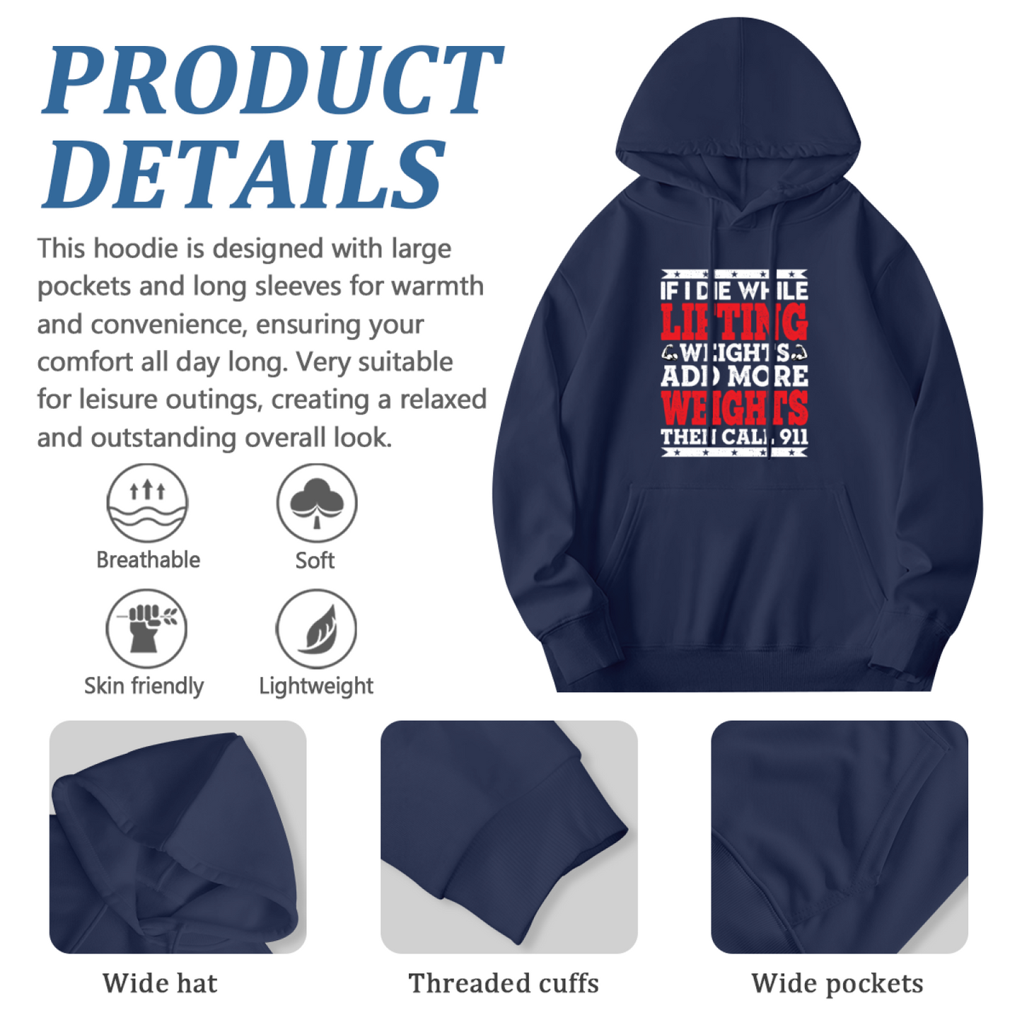 Weightlifting Funny Slogan Navy Hoodie, Ultra Comfort Gym Lover Daily Hoodie